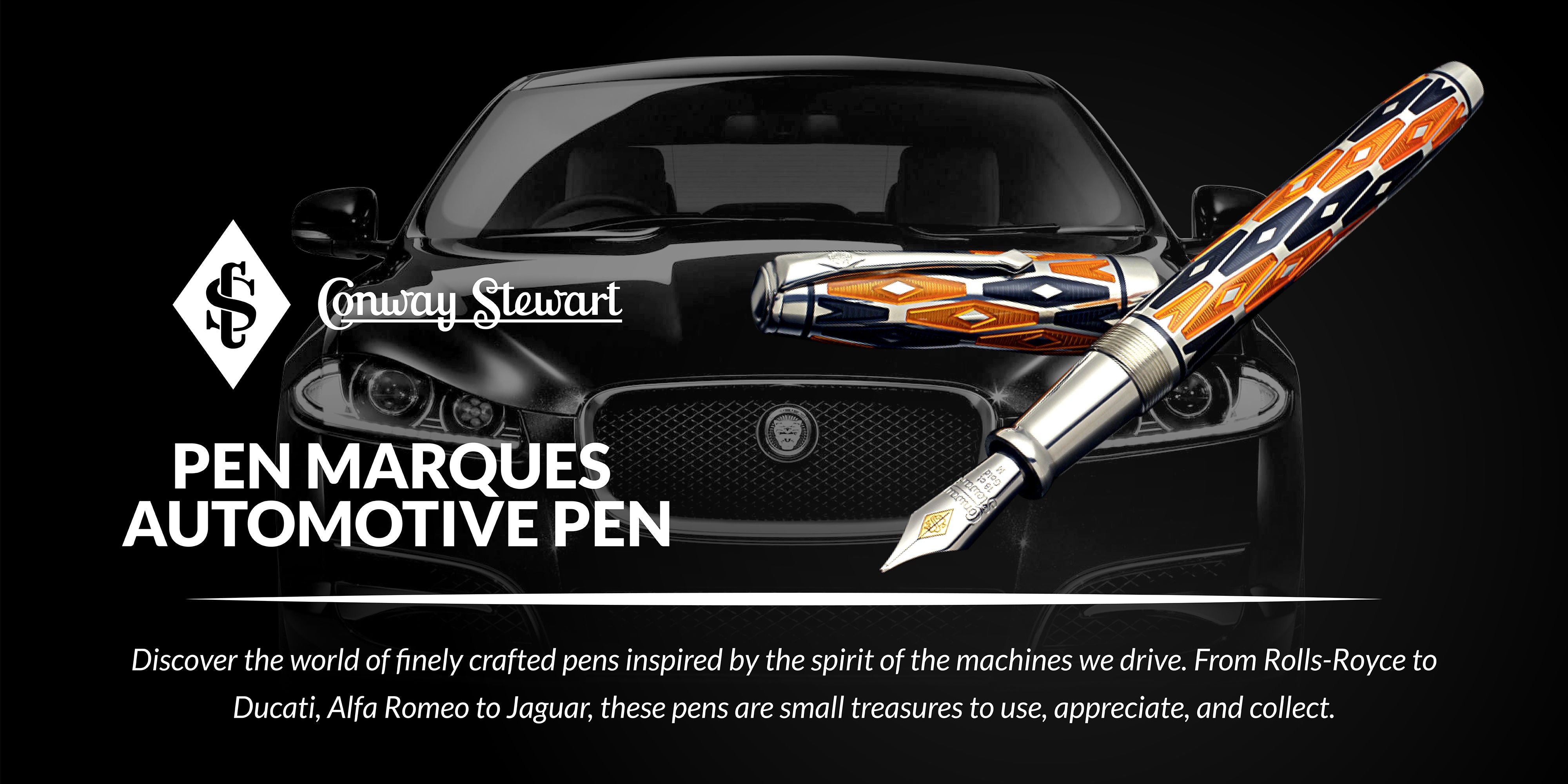 Banner for the Pen Marques Automotive Pen, an orange and blue patterned fountain pen against a dark car silhouette