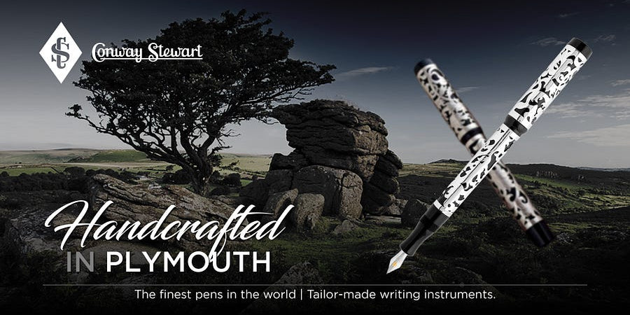 Handcrafted in Plymouth banner, black and white patterned fountain pens against a Dartmoor tor landscape