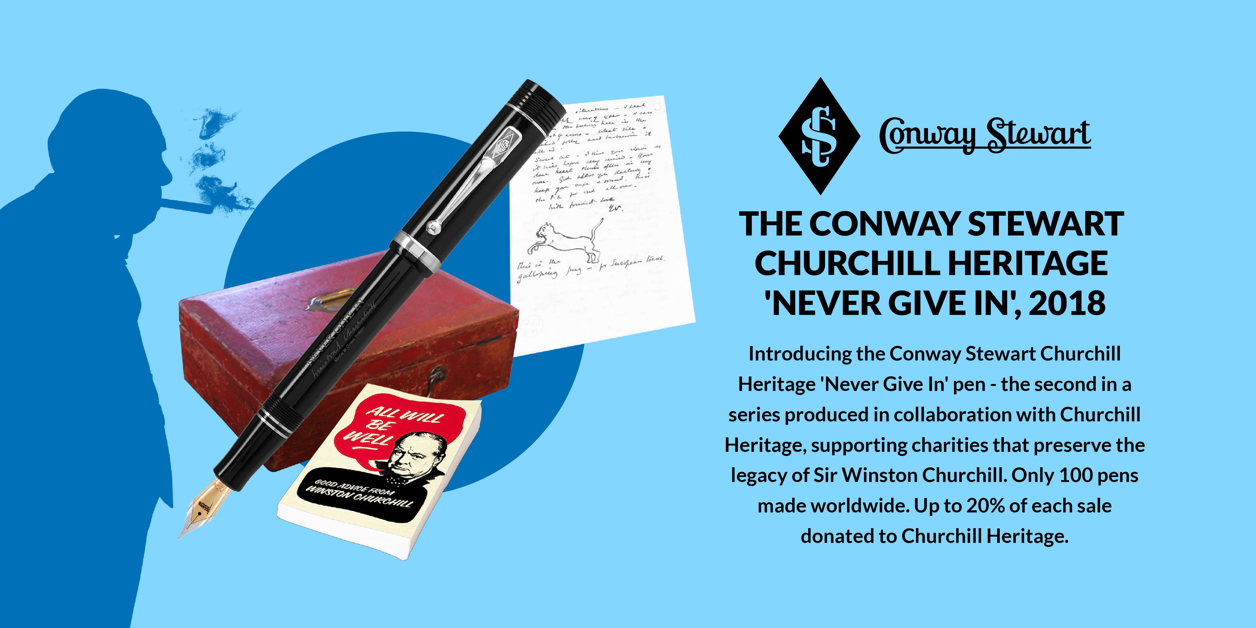 Banner for the Churchill Heritage 'Never Give In' pen, a black fountain pen beside Churchill memorabilia and a silhouette