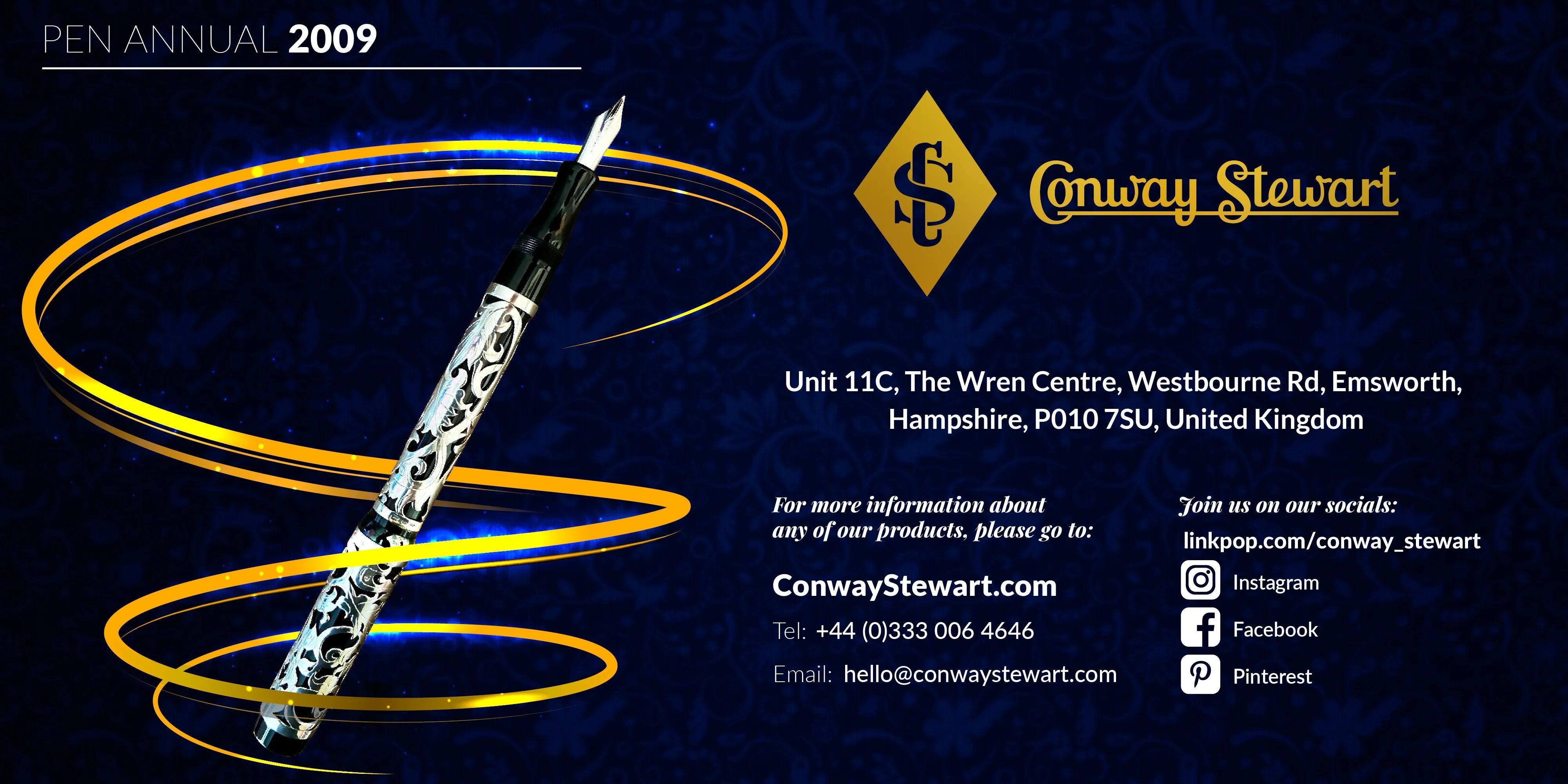 Pen Annual 2009 banner, a silver textured fountain pen with black filigree design and swirling gold rings