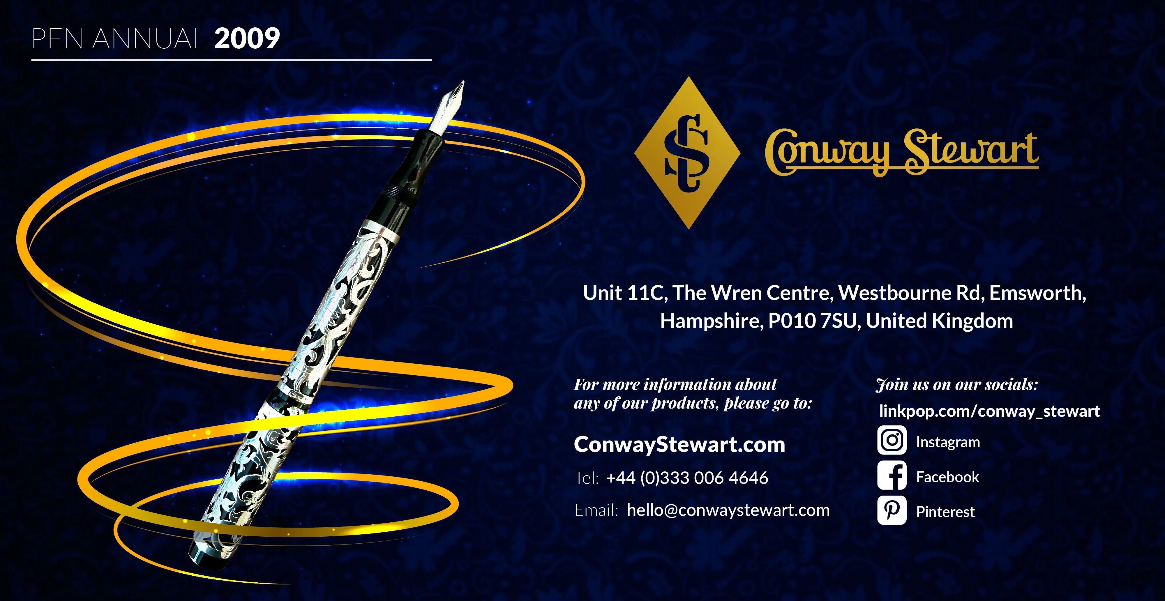 Pen Annual 2009 banner, a silver textured fountain pen with black filigree design and swirling gold rings