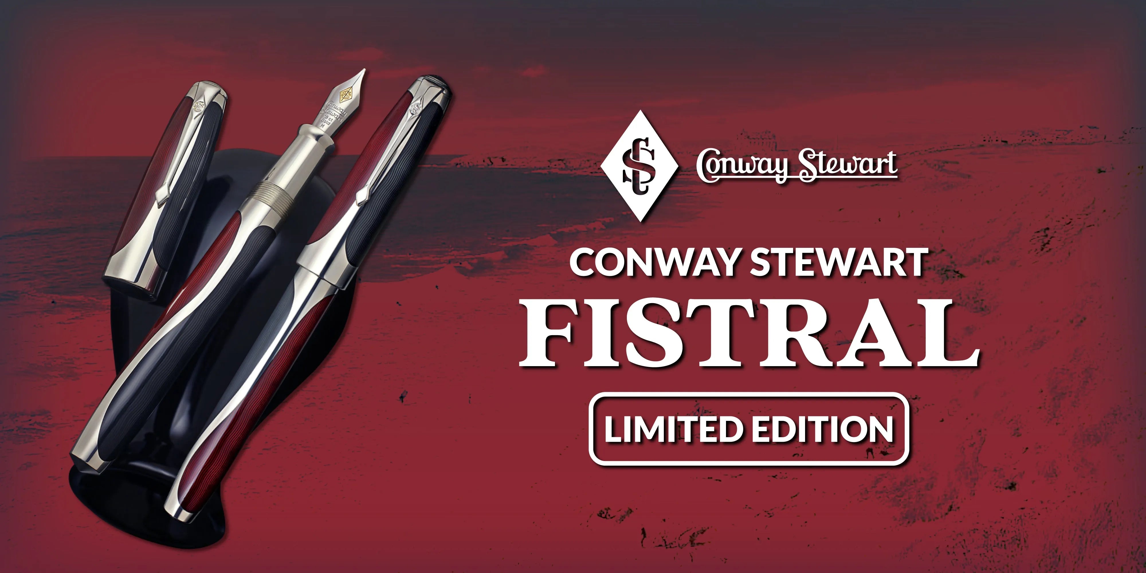 Banner for the Fistral limited edition, black and silver fountain pens against a coastal backdrop
