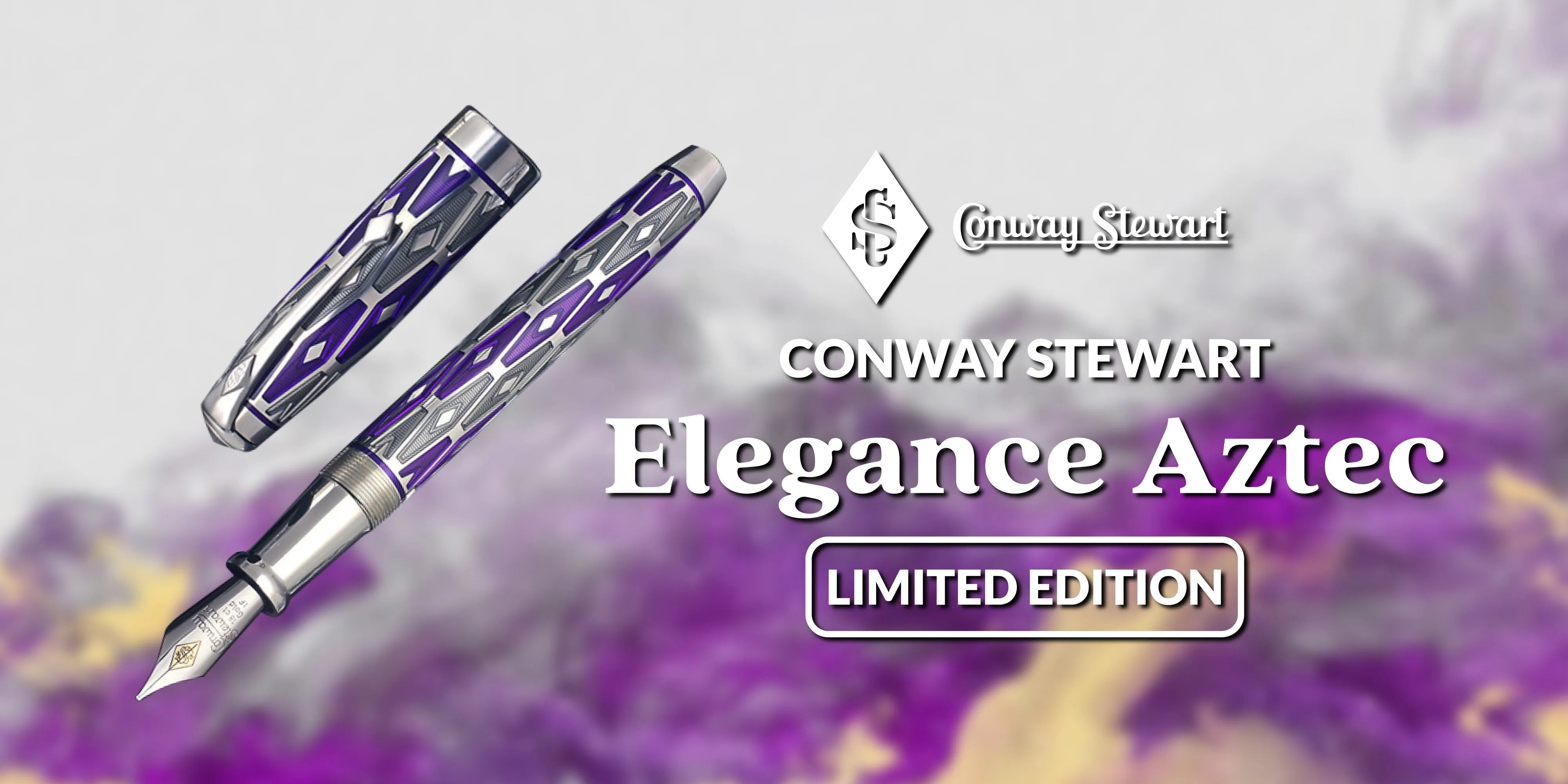 Banner for the Elegance Aztec limited edition, purple patterned pens against a purple smoke backdrop