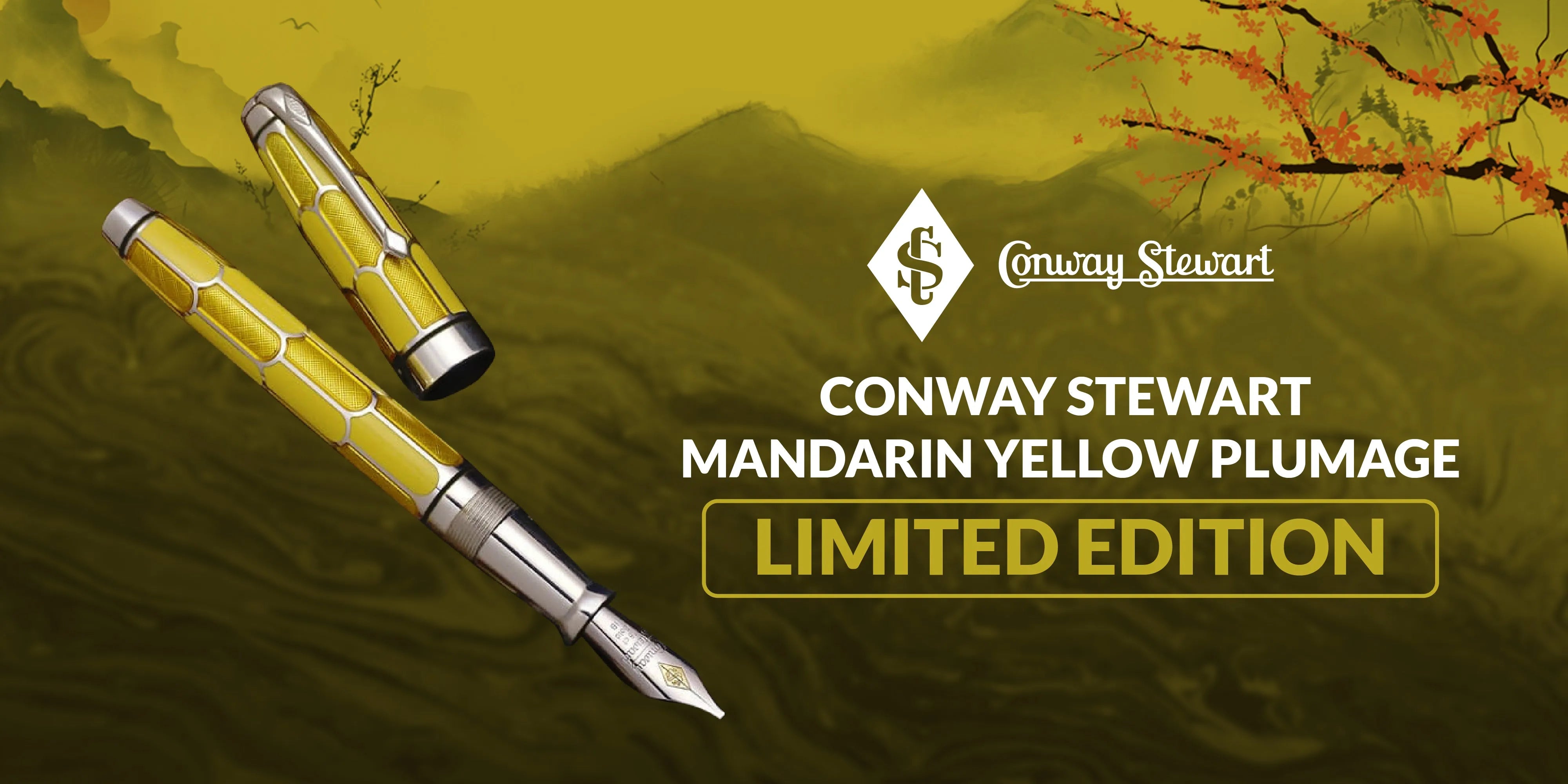 Banner for the Mandarin Yellow Plumage limited edition, a yellow textured pen against a mountain landscape
