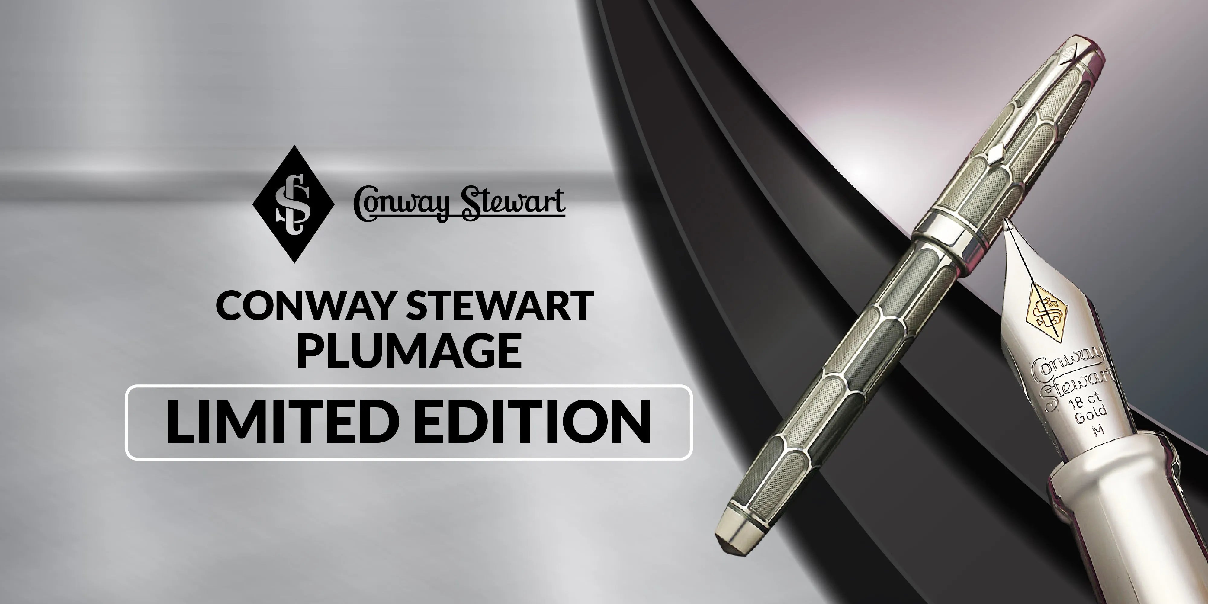 Banner for the Plumage limited edition, a silver textured fountain pen against a brushed metal backdrop