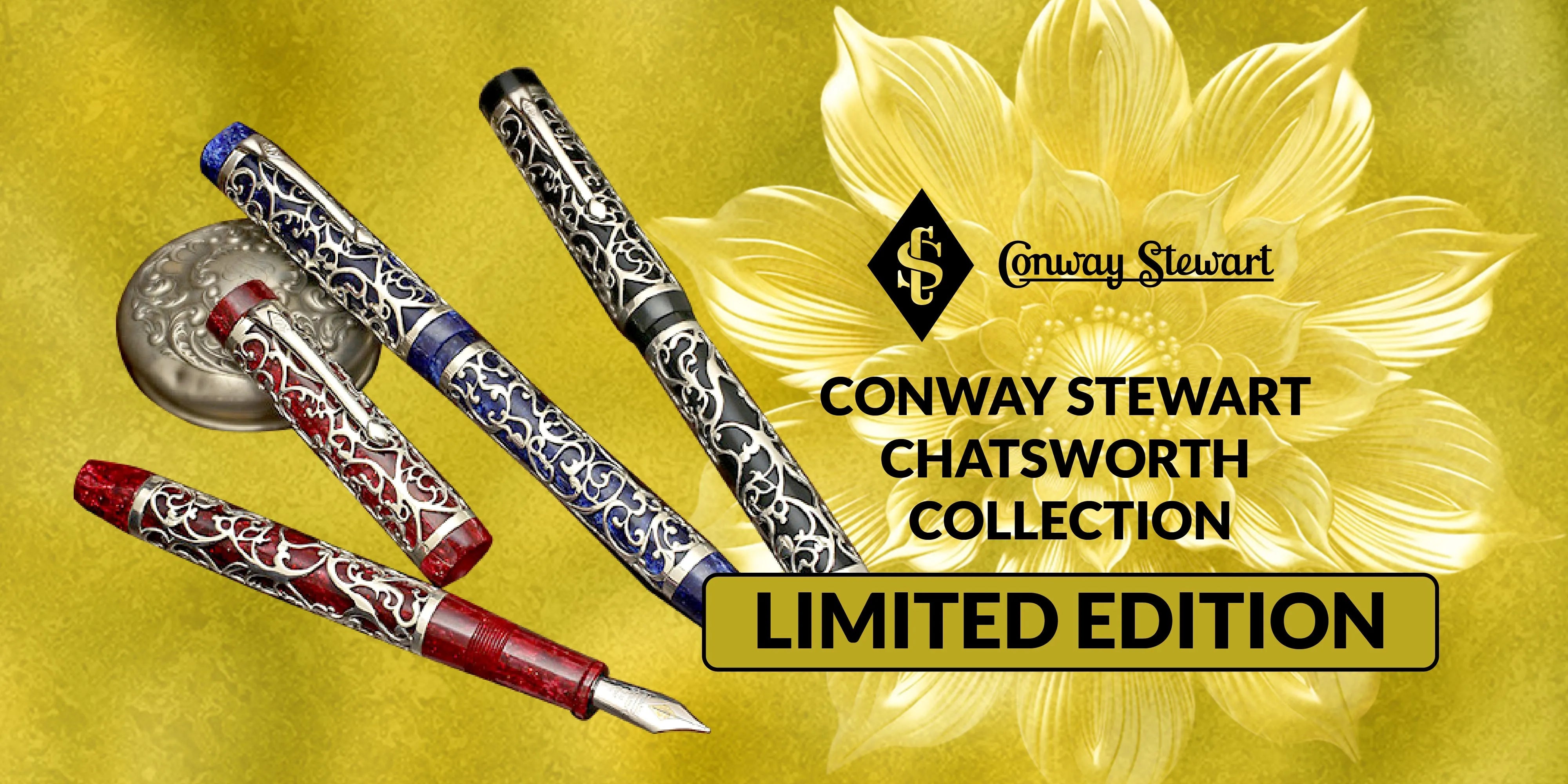 Banner for the Chatsworth Collection, four black, blue, red and white filigree-pattern fountain pens on a floral backdrop