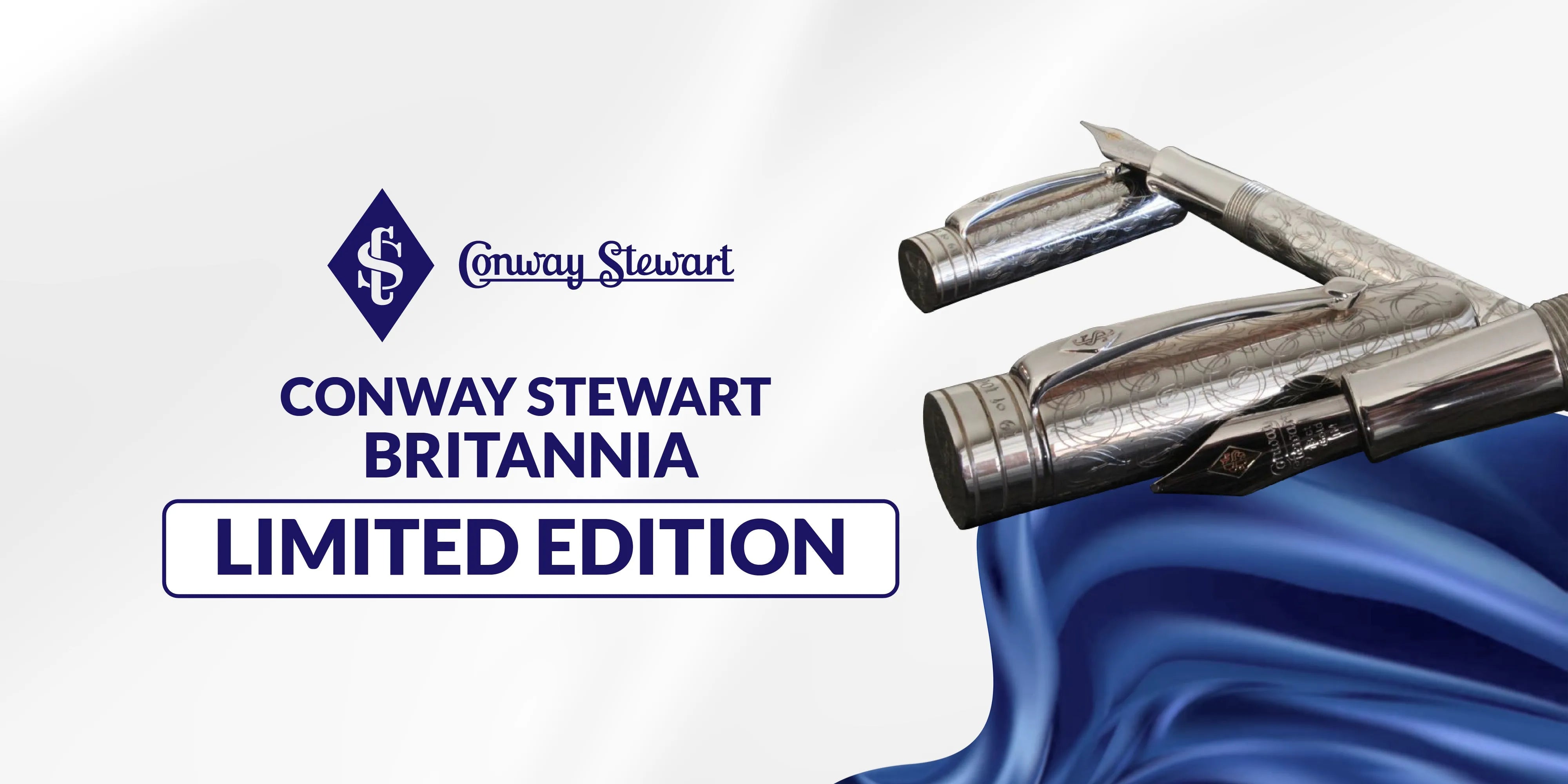 Banner for the Britannia limited edition, chrome nib-shaped sculptural pen elements draped with blue silk fabric