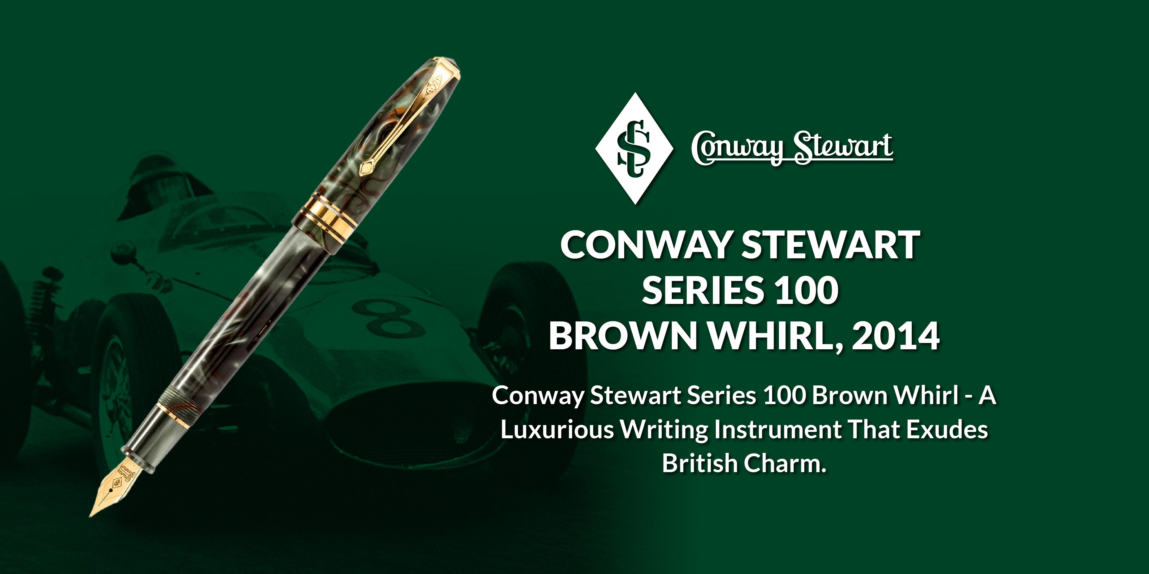 Banner for the Series 100 Brown Whirl pen, a brown marbled fountain pen against a vintage racing car