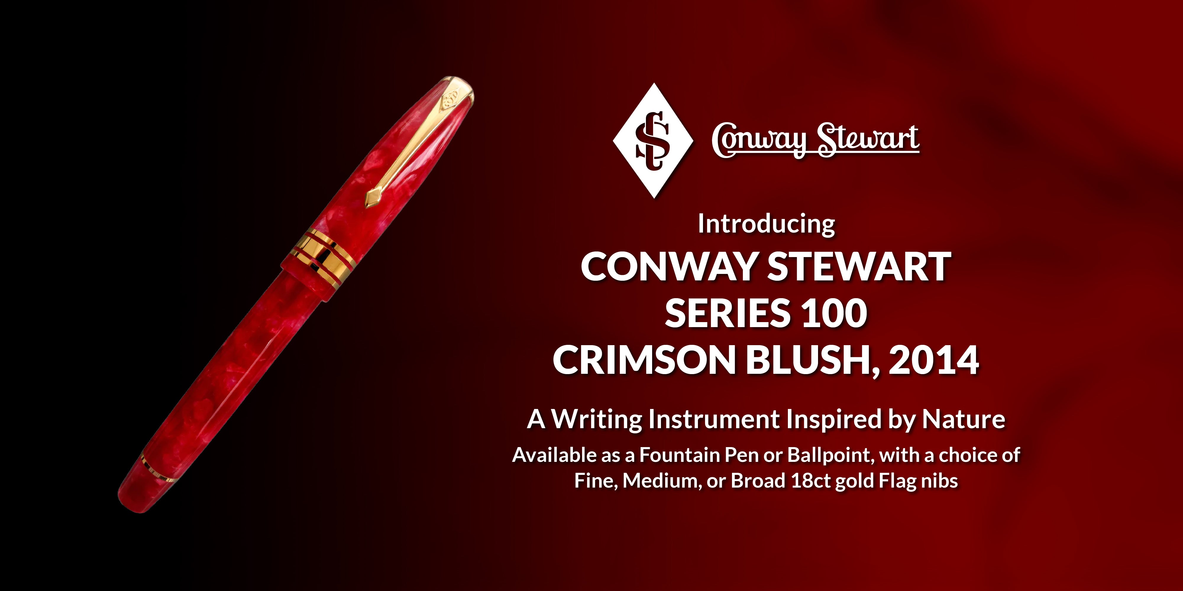 Banner reading Series 100 Crimson Blush, a red marbled fountain pen against a black and red gradient
