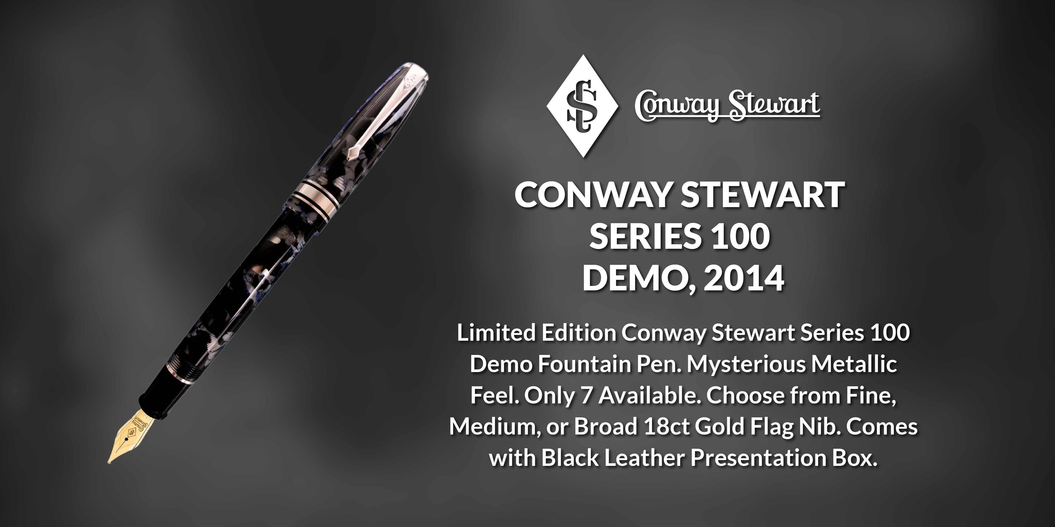 Banner for the Series 100 Demo pen, a smoke-grey demonstrator fountain pen against a dark grey backdrop