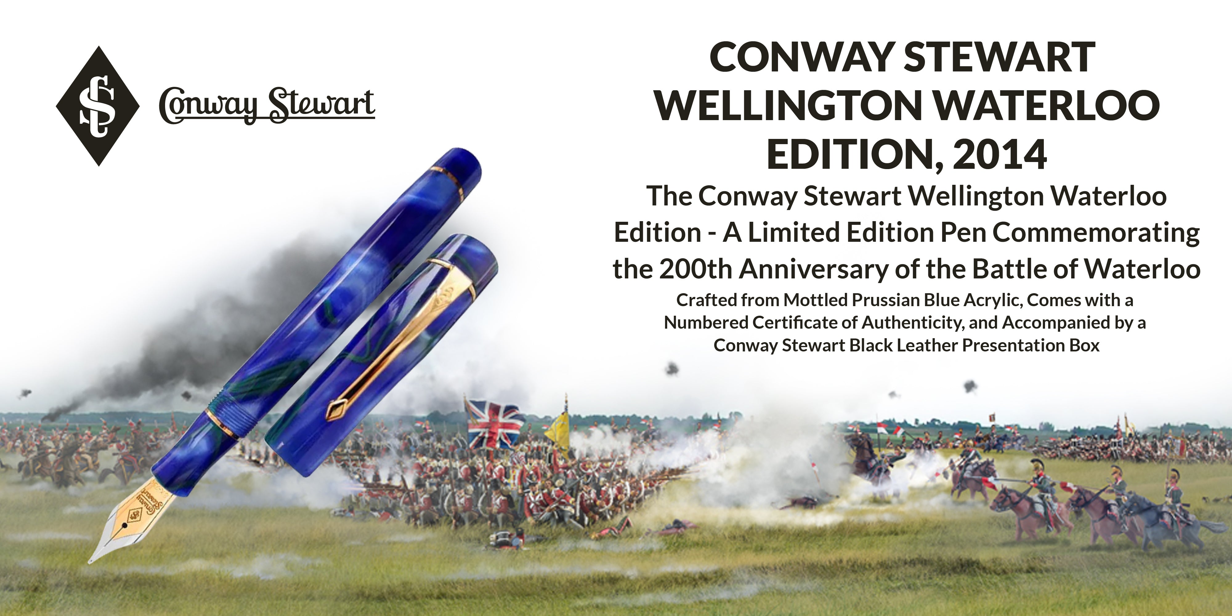 Banner for the Wellington Waterloo Edition, a blue marbled fountain pen over a battle re-enactment scene