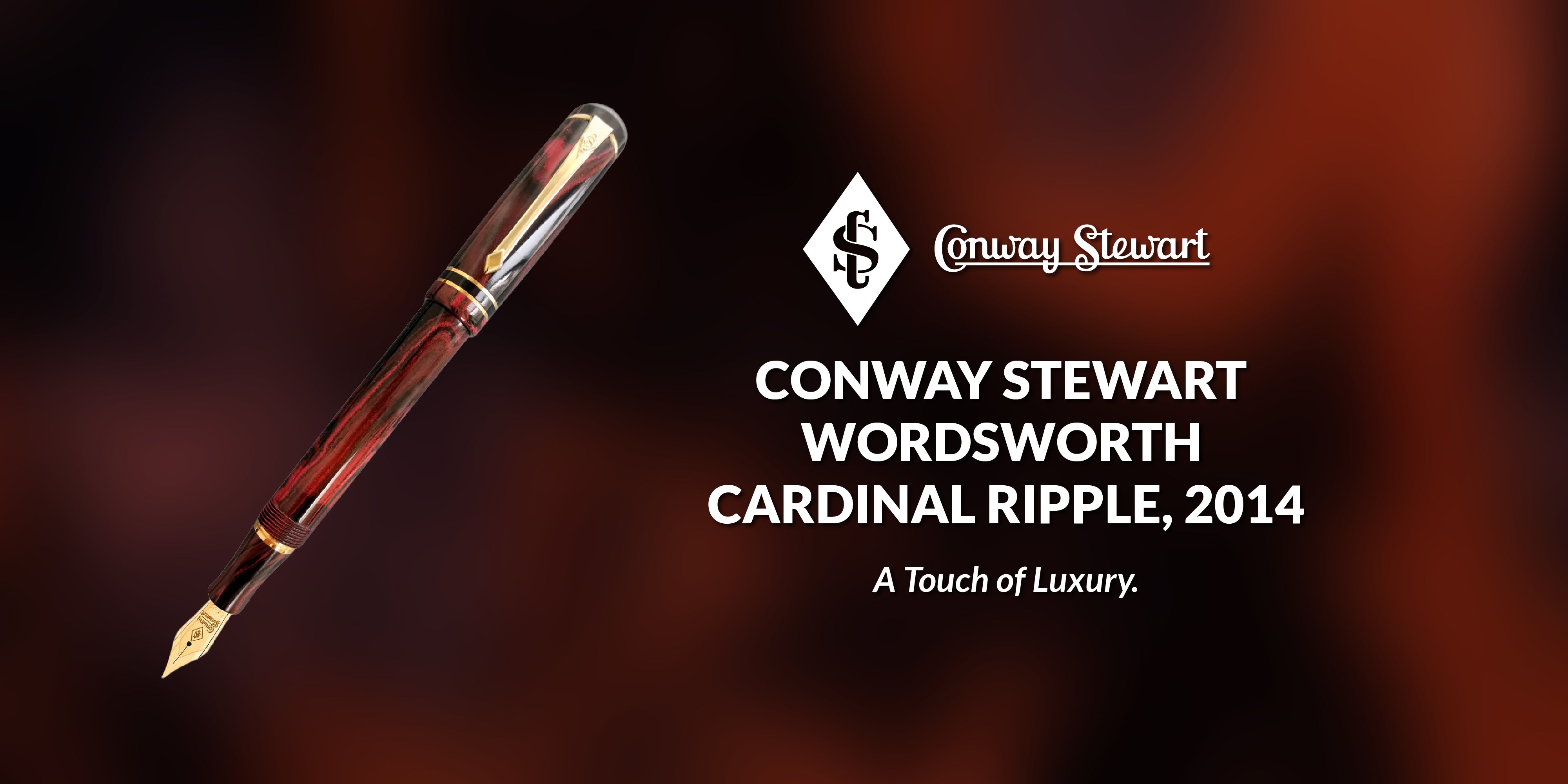 Banner for the Wordsworth Cardinal Ripple pen, a burgundy marbled fountain pen against a dark red backdrop