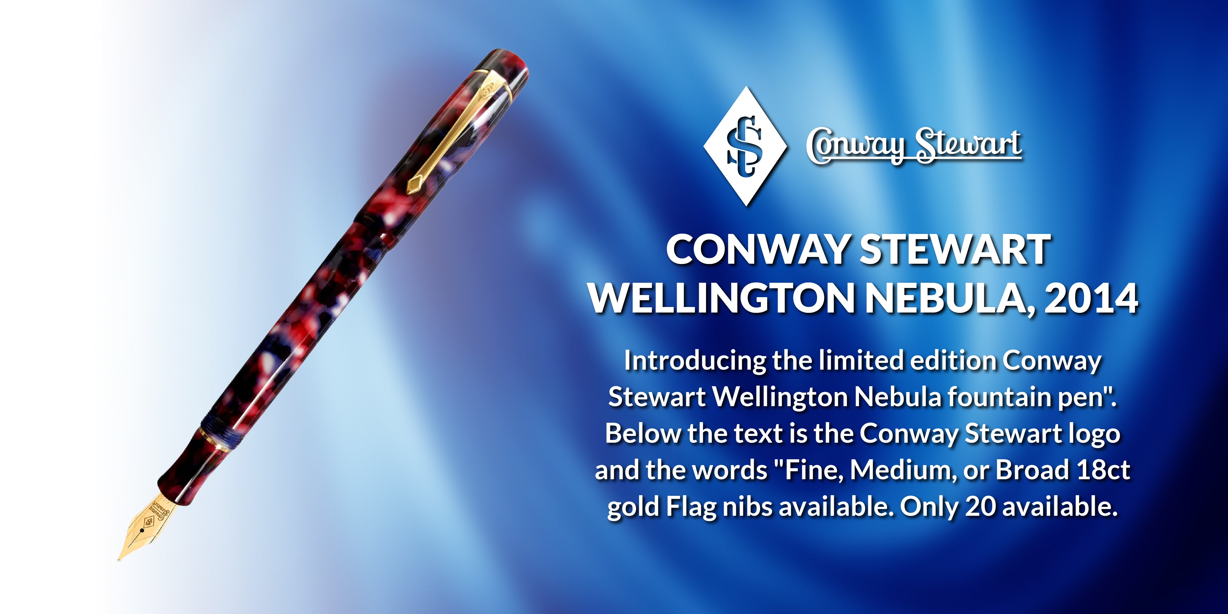 Banner for the Wellington Nebula pen, a red and blue marbled fountain pen against a blue swirl backdrop