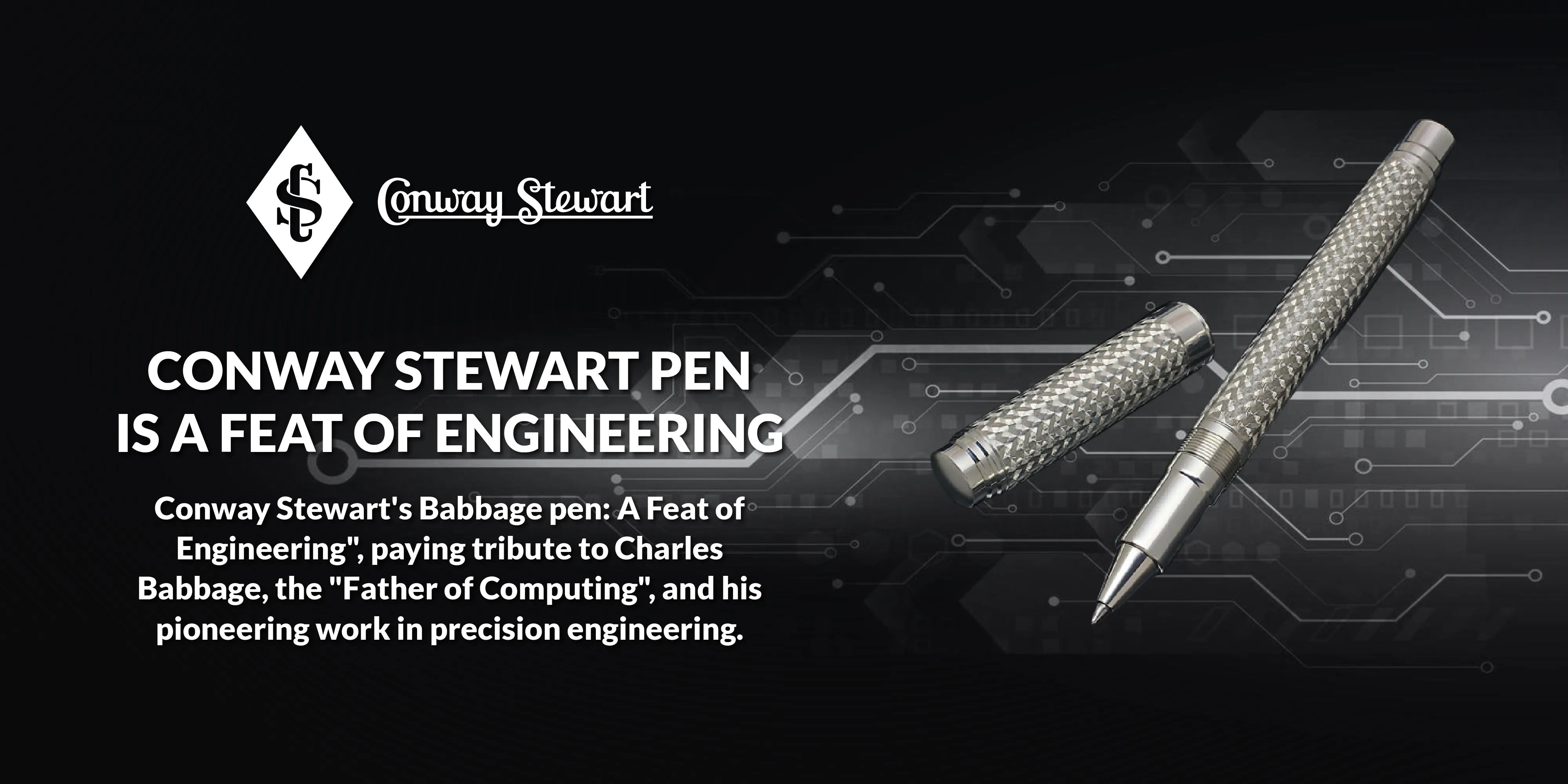 Banner for the Babbage pen, a textured silver fountain pen and rollerball shown capped and uncapped