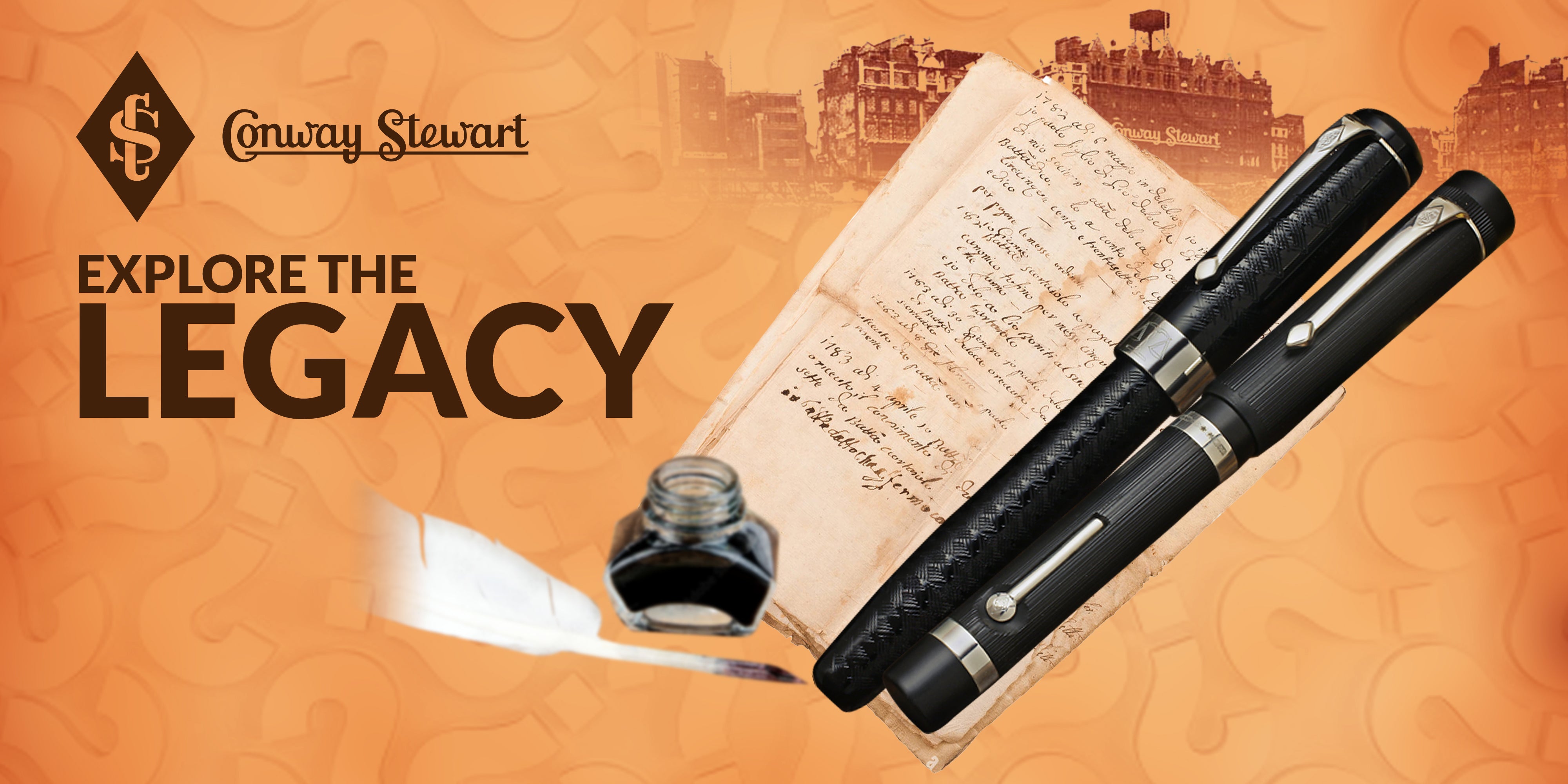 Explore the Legacy banner, black fountain pens beside an antique handwritten letter, quill and ink bottle