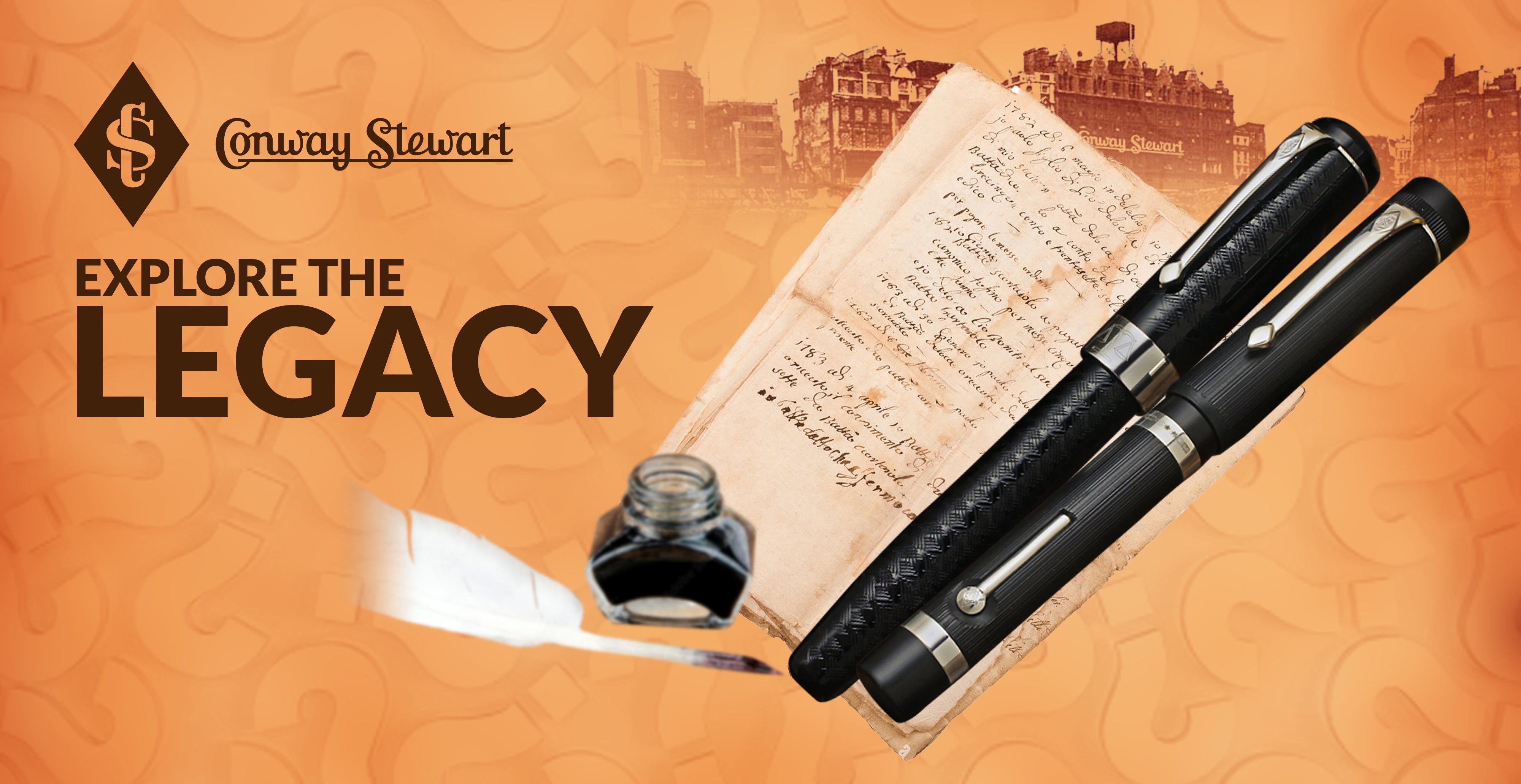 Explore the Legacy banner, black fountain pens beside an antique handwritten letter, quill and ink bottle