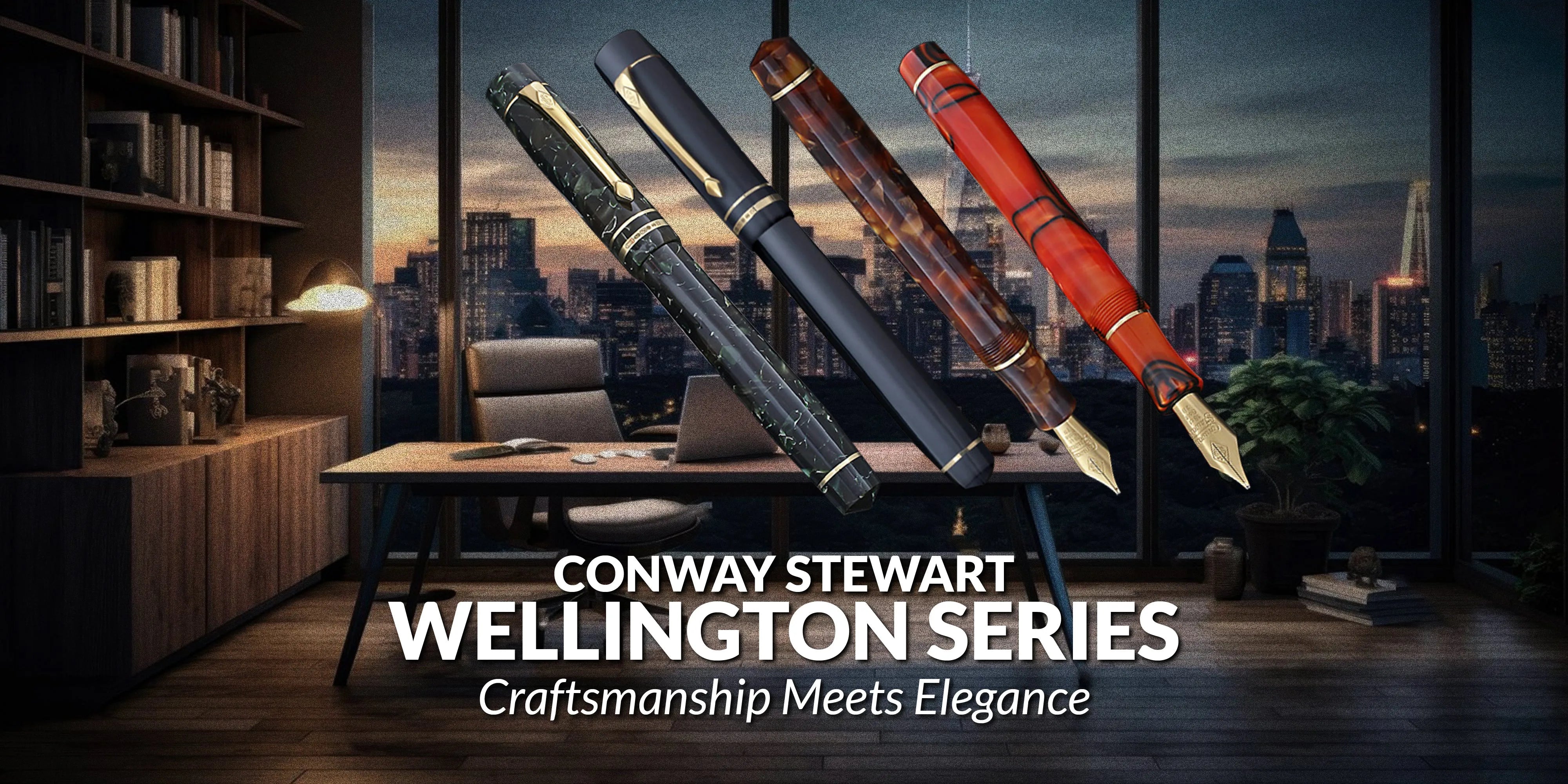Banner for the Wellington Series, four fountain pens in black, grey, brown and red against a city skyline office
