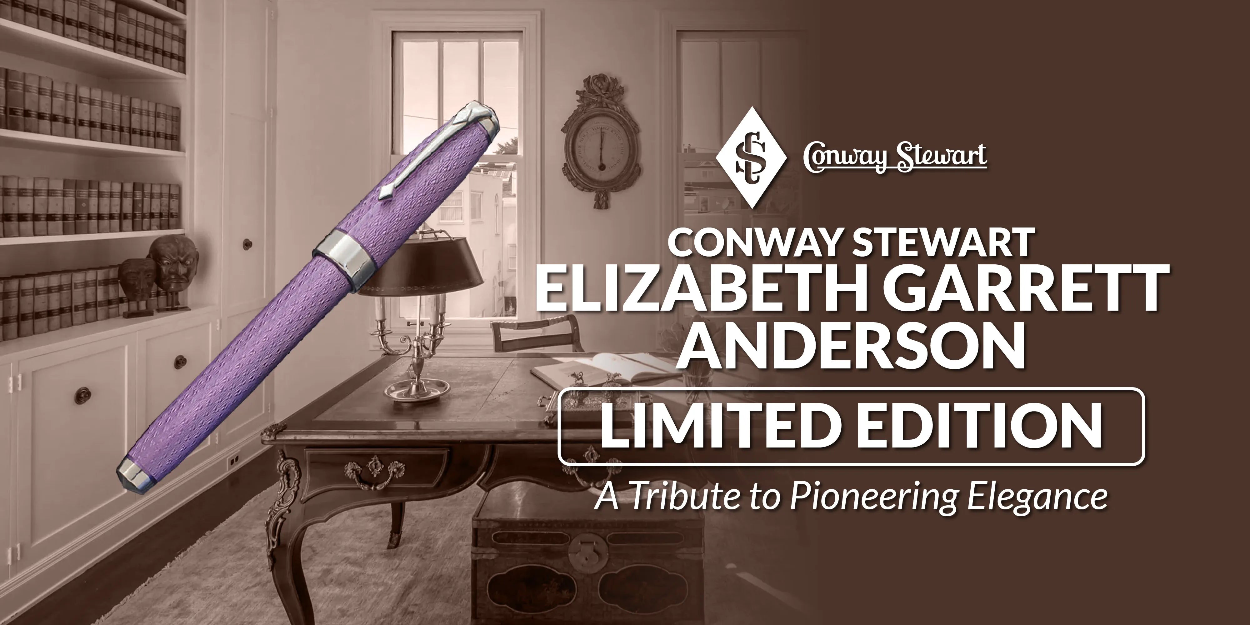 Banner for the Elizabeth Garrett Anderson limited edition, a purple textured fountain pen in a period study