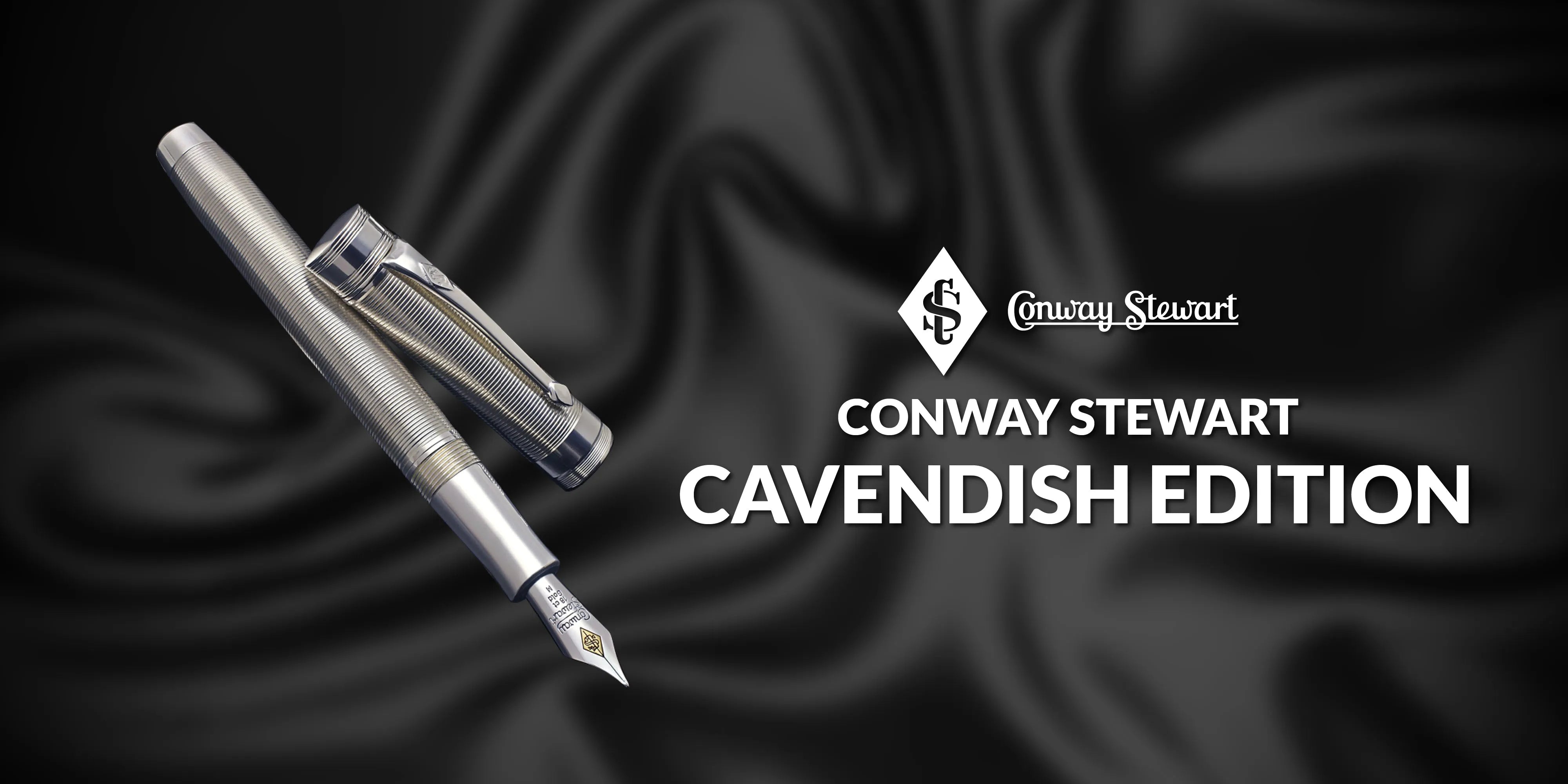 Banner for the Cavendish Edition, a silver textured fountain pen and cap against draped black fabric