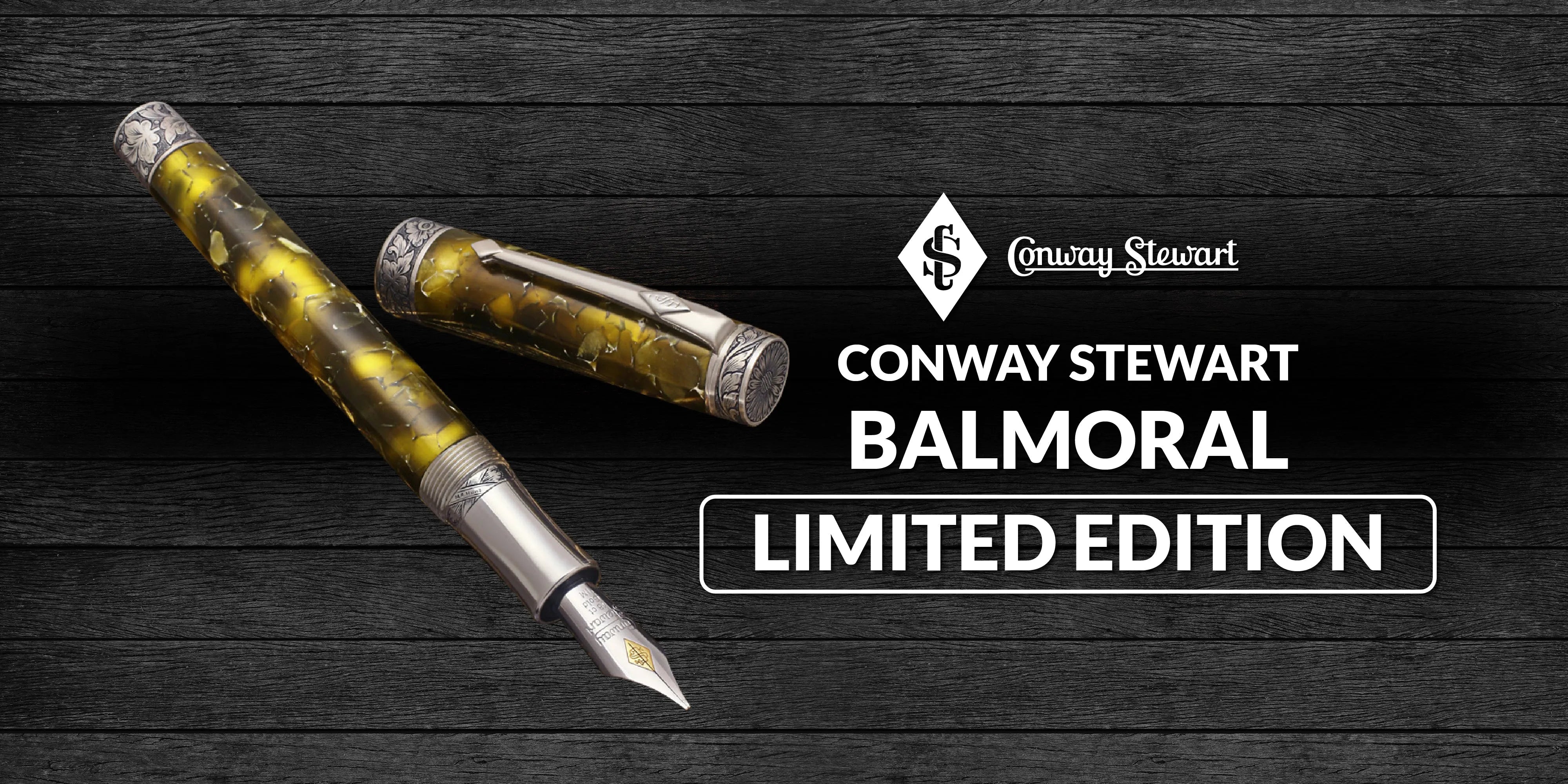Banner for the Balmoral limited edition, a yellow and grey marbled fountain pen with silver trim