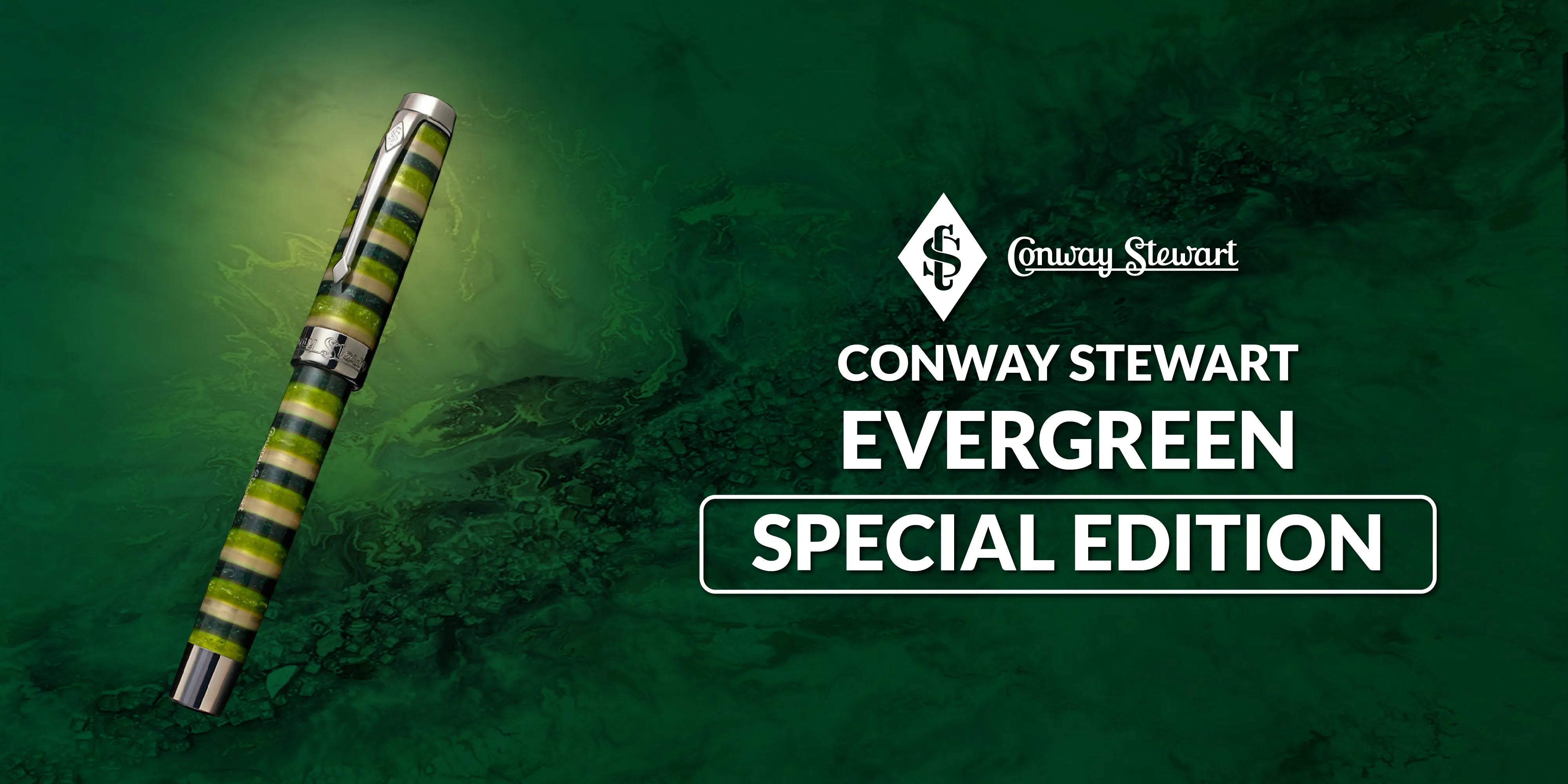 Banner for the Evergreen special edition, a green and silver striped fountain pen against a mossy backdrop