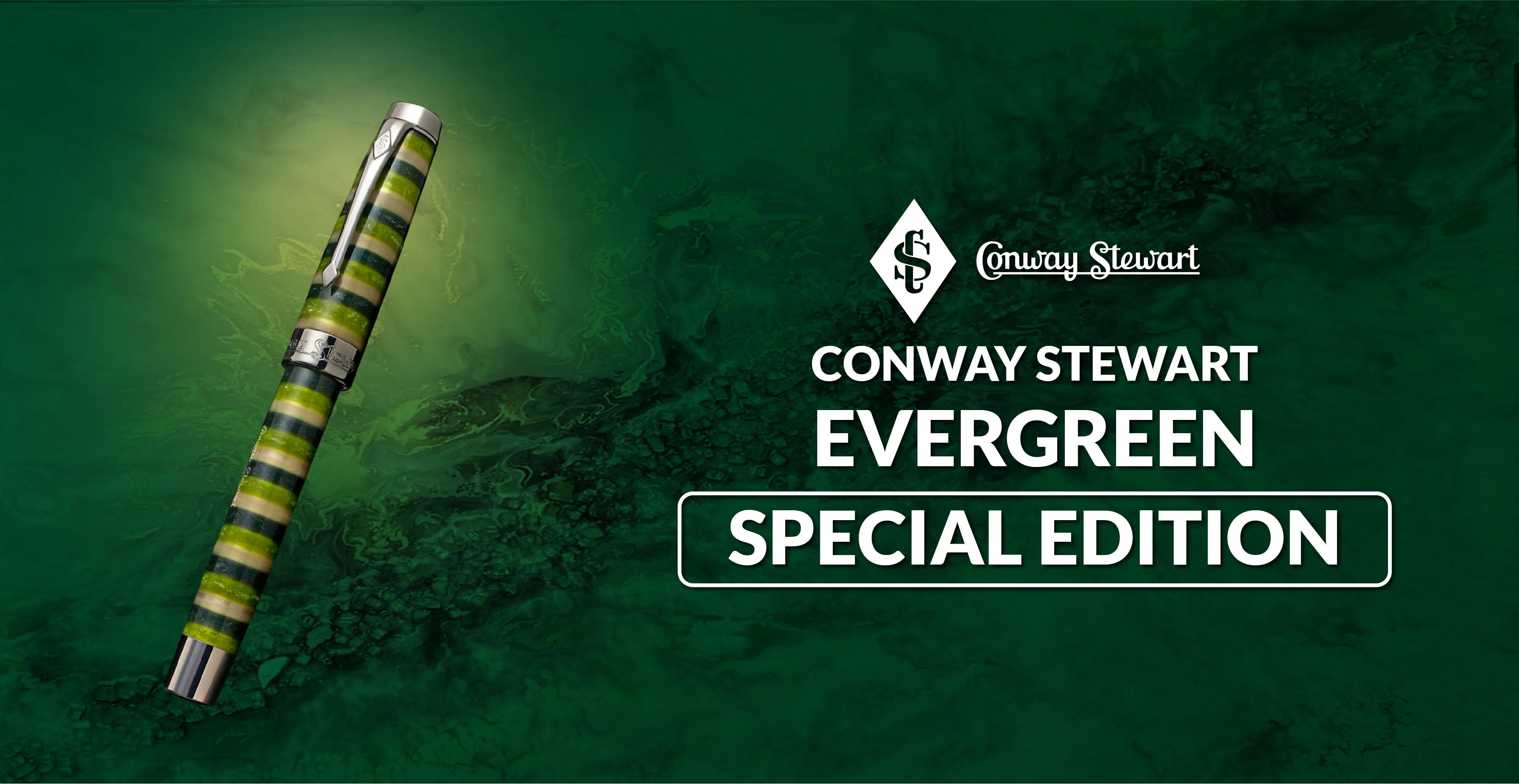Banner for the Evergreen special edition, a green and silver striped fountain pen against a mossy backdrop