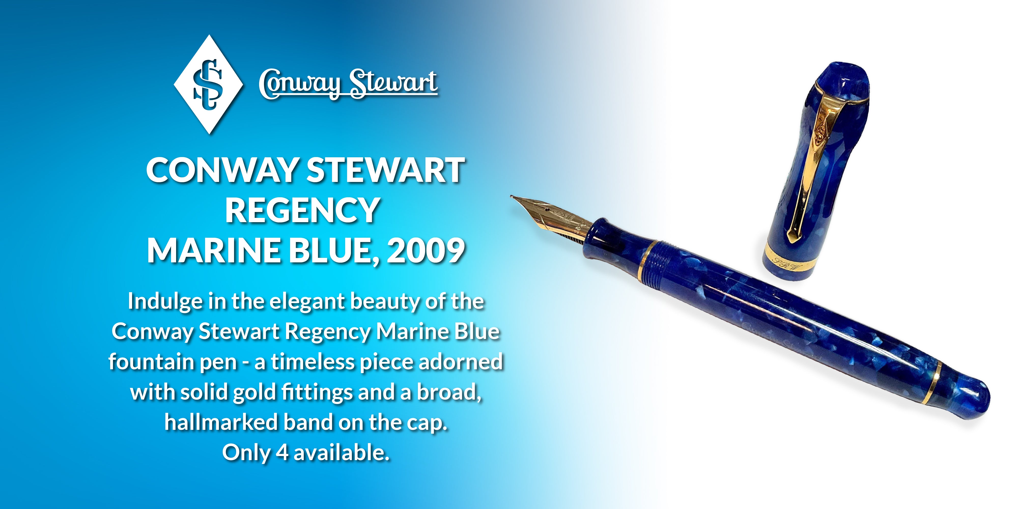 Banner for the Regency Marine Blue pen, a blue marbled fountain pen shown capped and uncapped