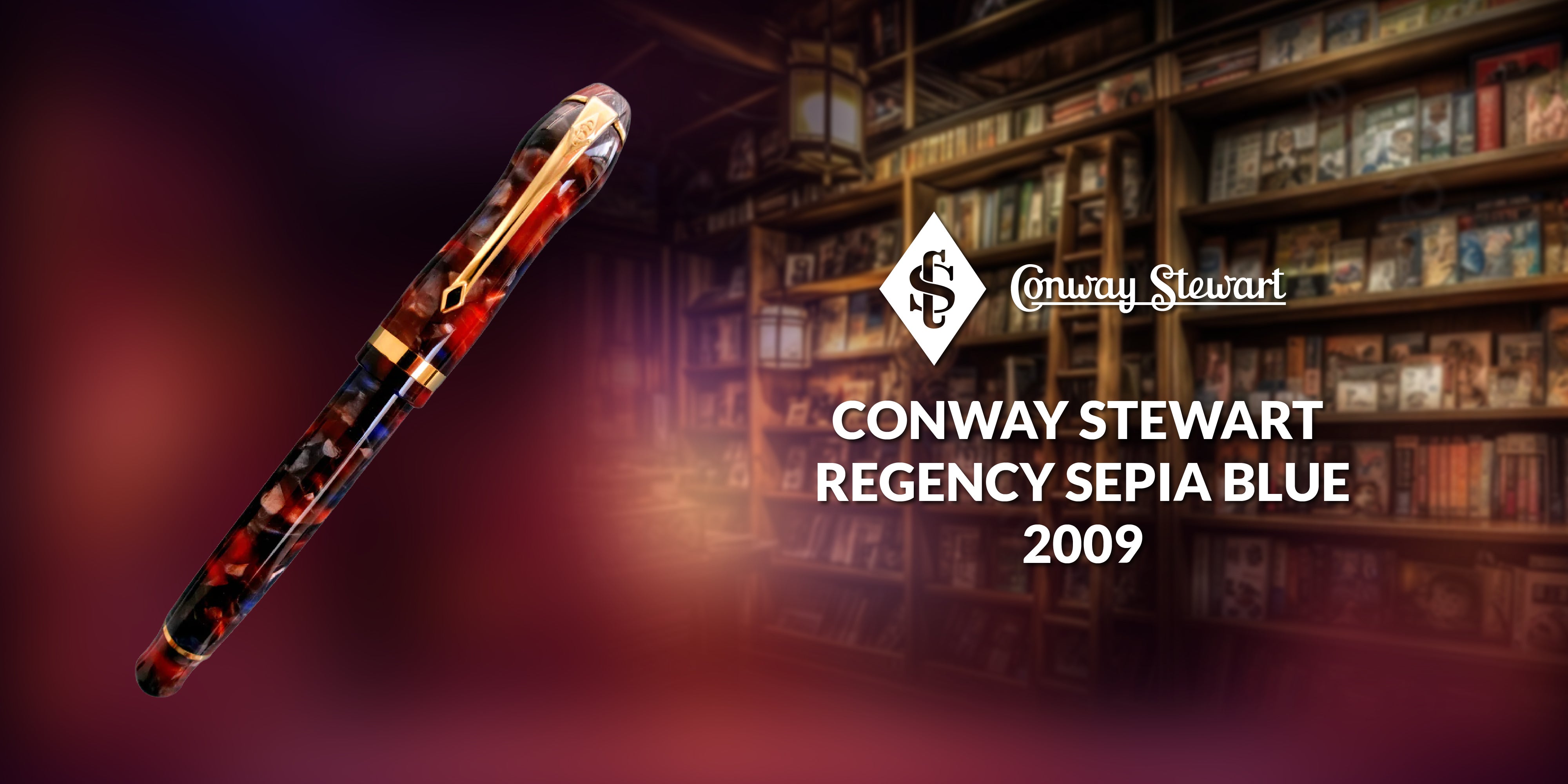Banner for the Regency Sepia Blue pen, a red and blue marbled fountain pen against a library backdrop