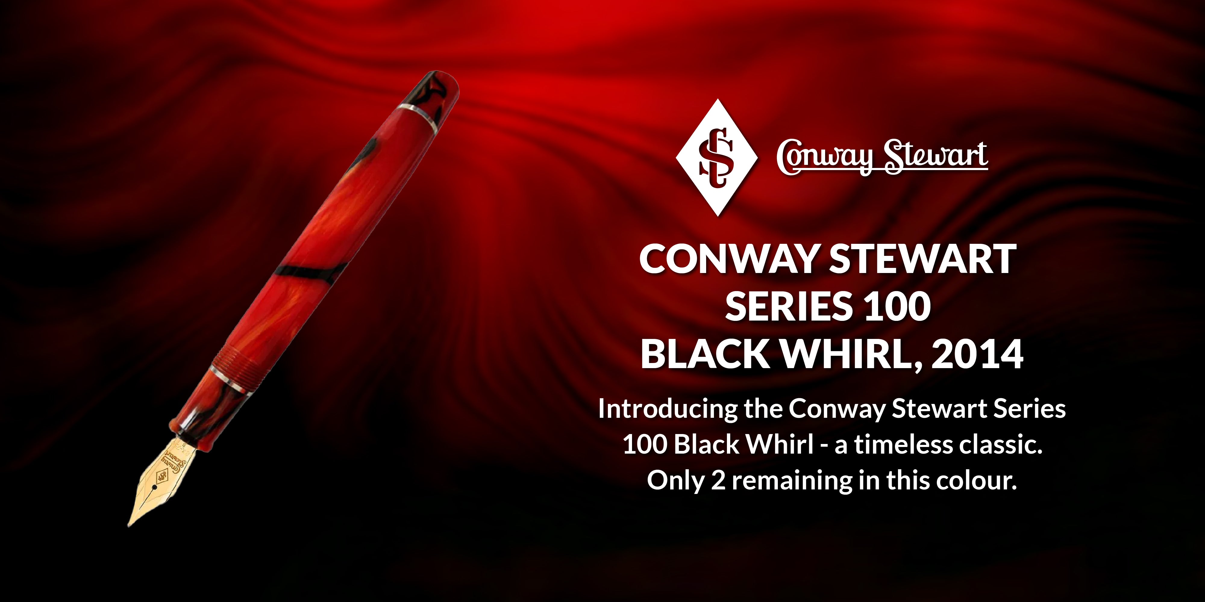 Banner for the Series 100 Black Whirl pen, a red fountain pen with black swirl pattern on a red backdrop