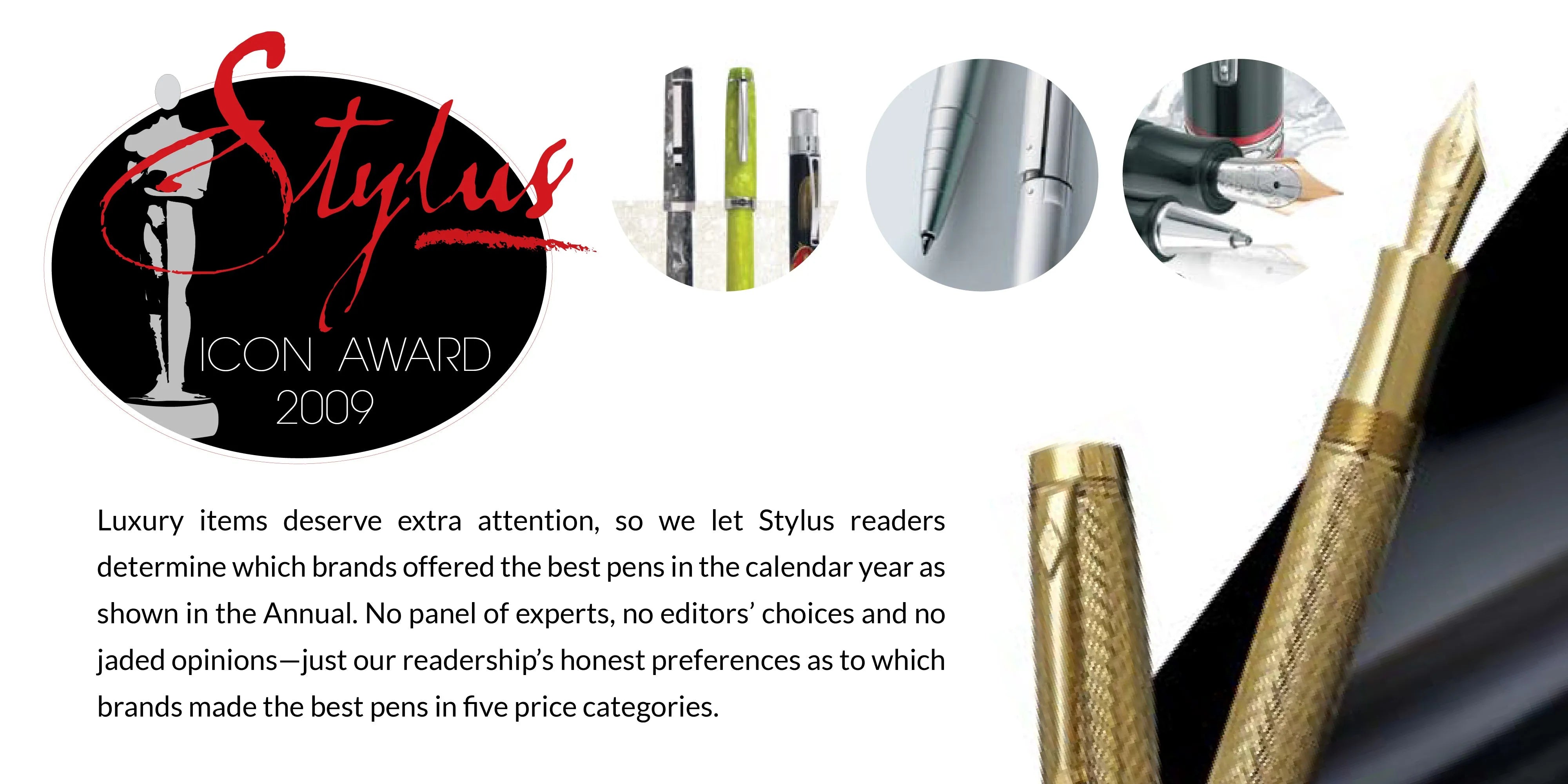 Stylus Icon Award 2009 banner with a gold textured pen and inset photos of pen details and nib close-ups