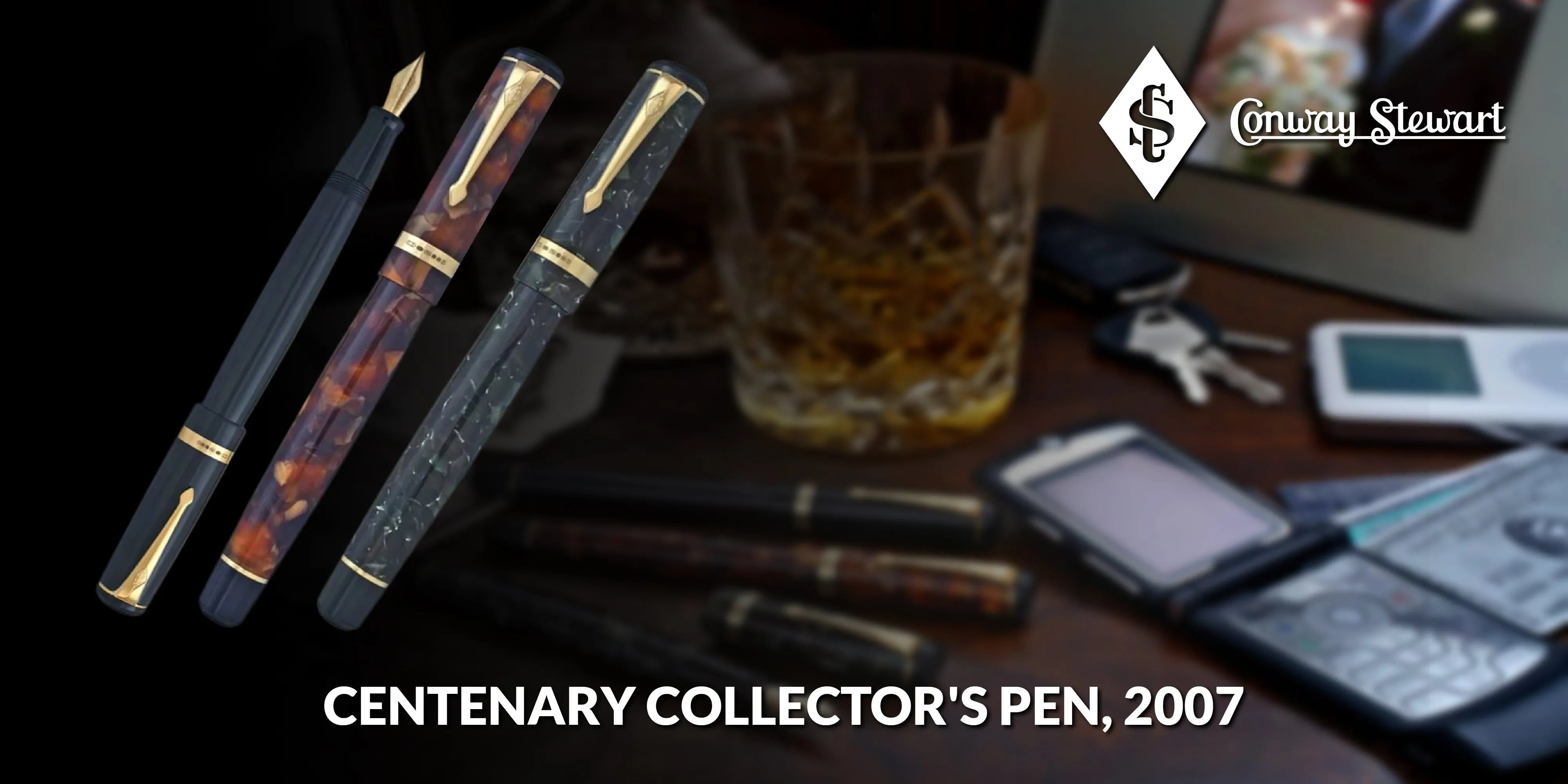 Banner for the Centenary Collector's Pen, three fountain pens in black, tortoiseshell and marbled finishes