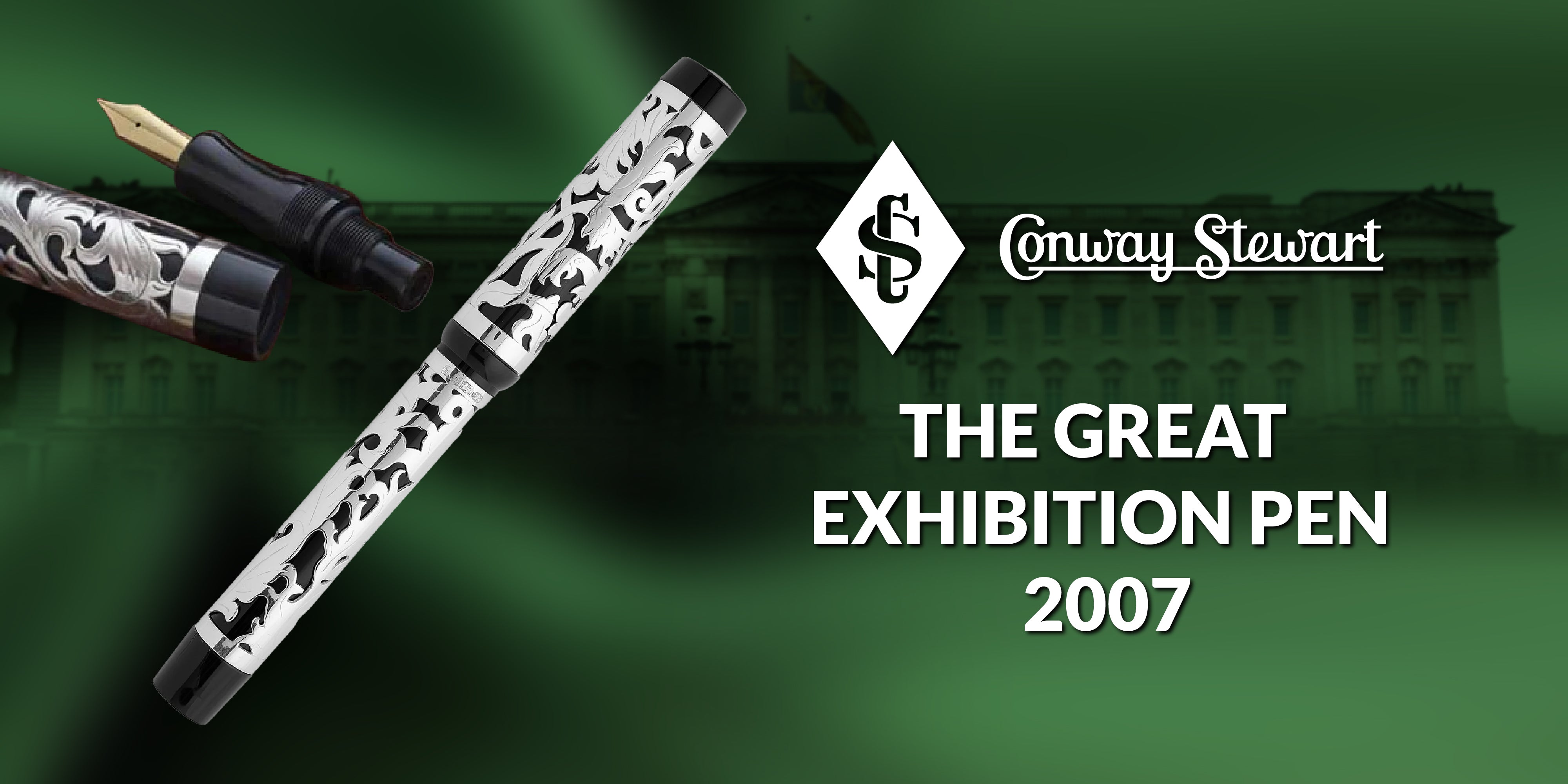 Banner for The Great Exhibition Pen, a black and silver engraved fountain pen against a green building illustration