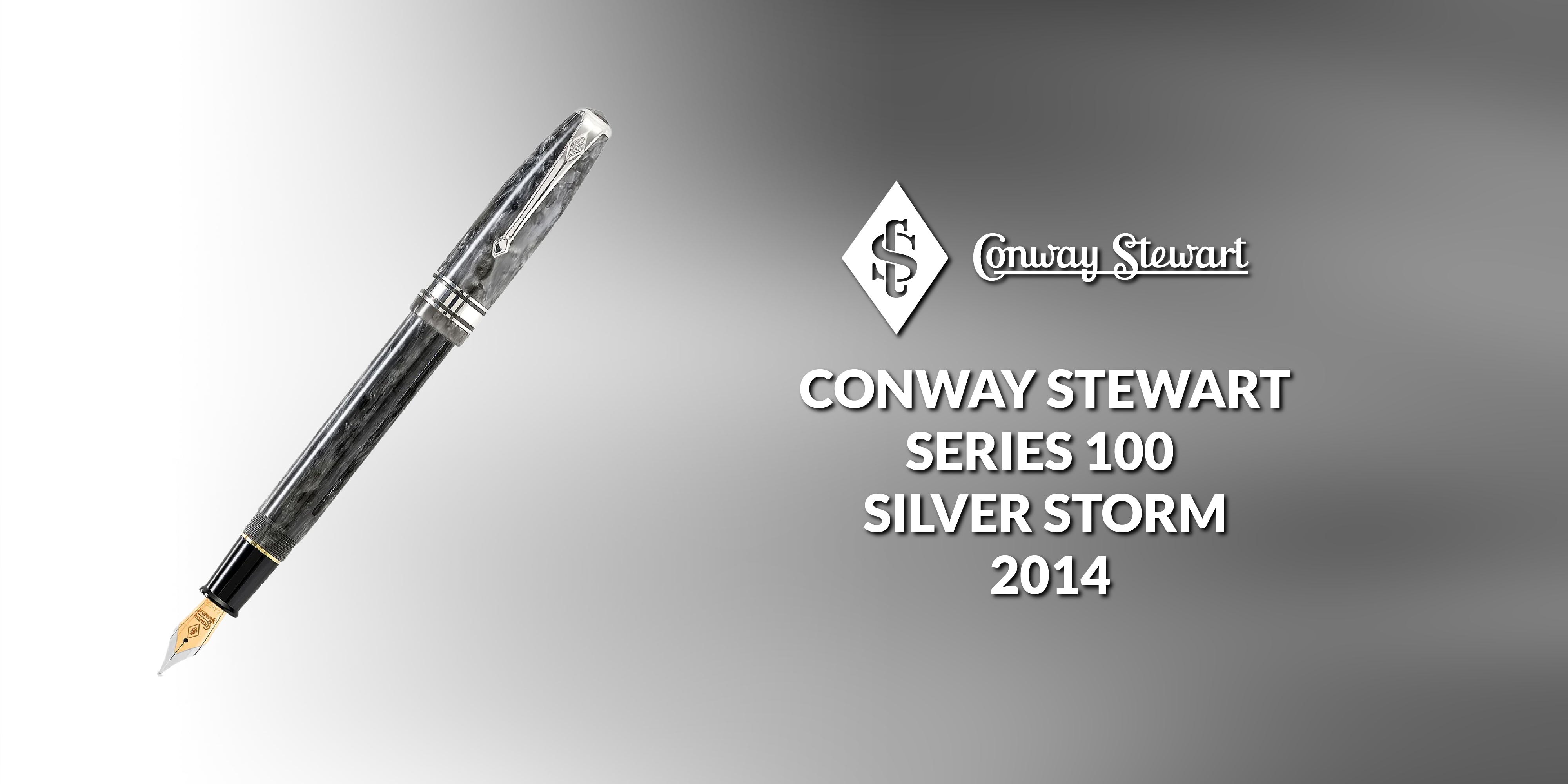 Banner for the Series 100 Silver Storm pen, a grey marbled fountain pen against a grey gradient