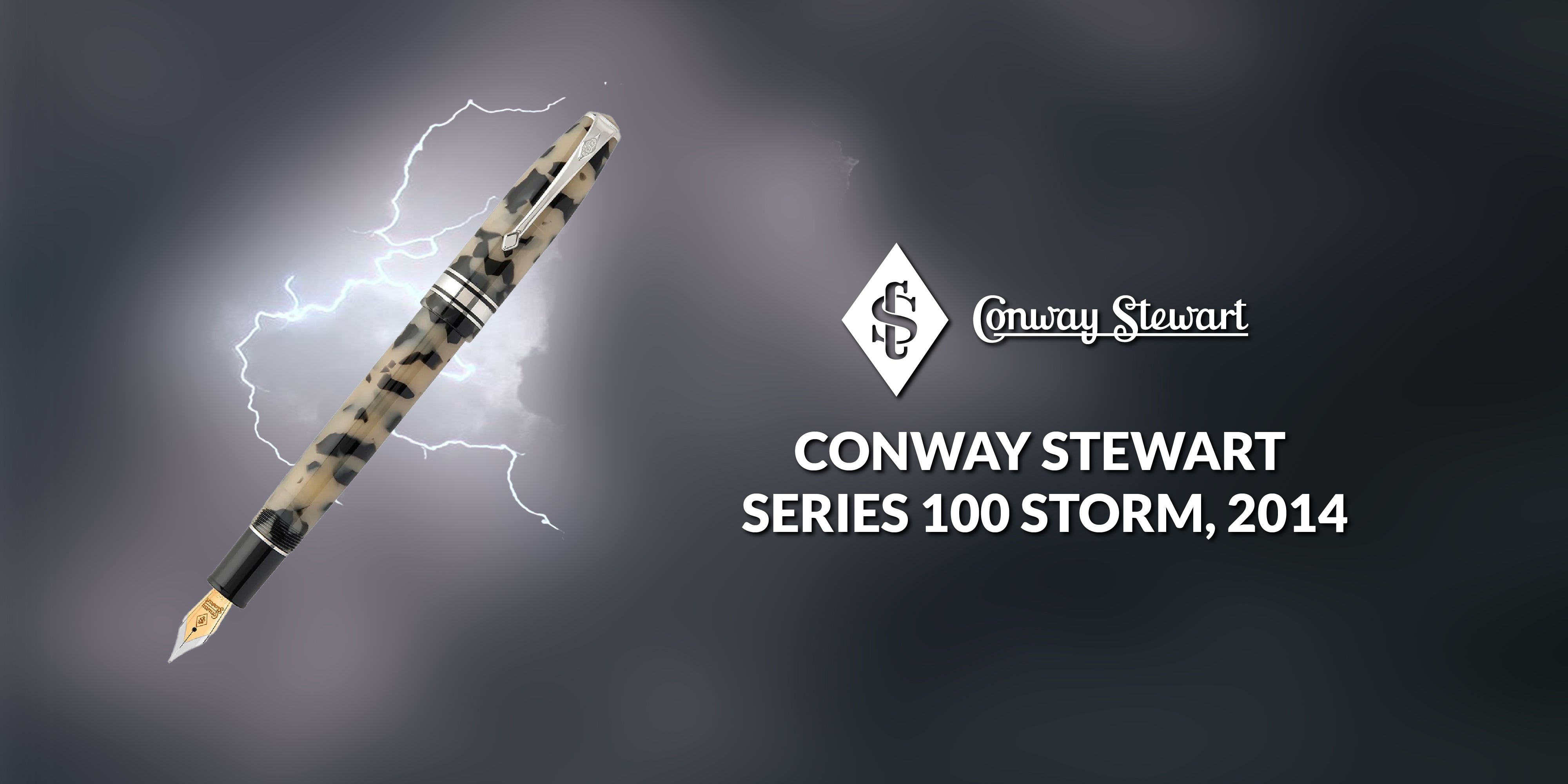 Banner for the Series 100 Storm pen, a grey and white marbled fountain pen against a lightning strike