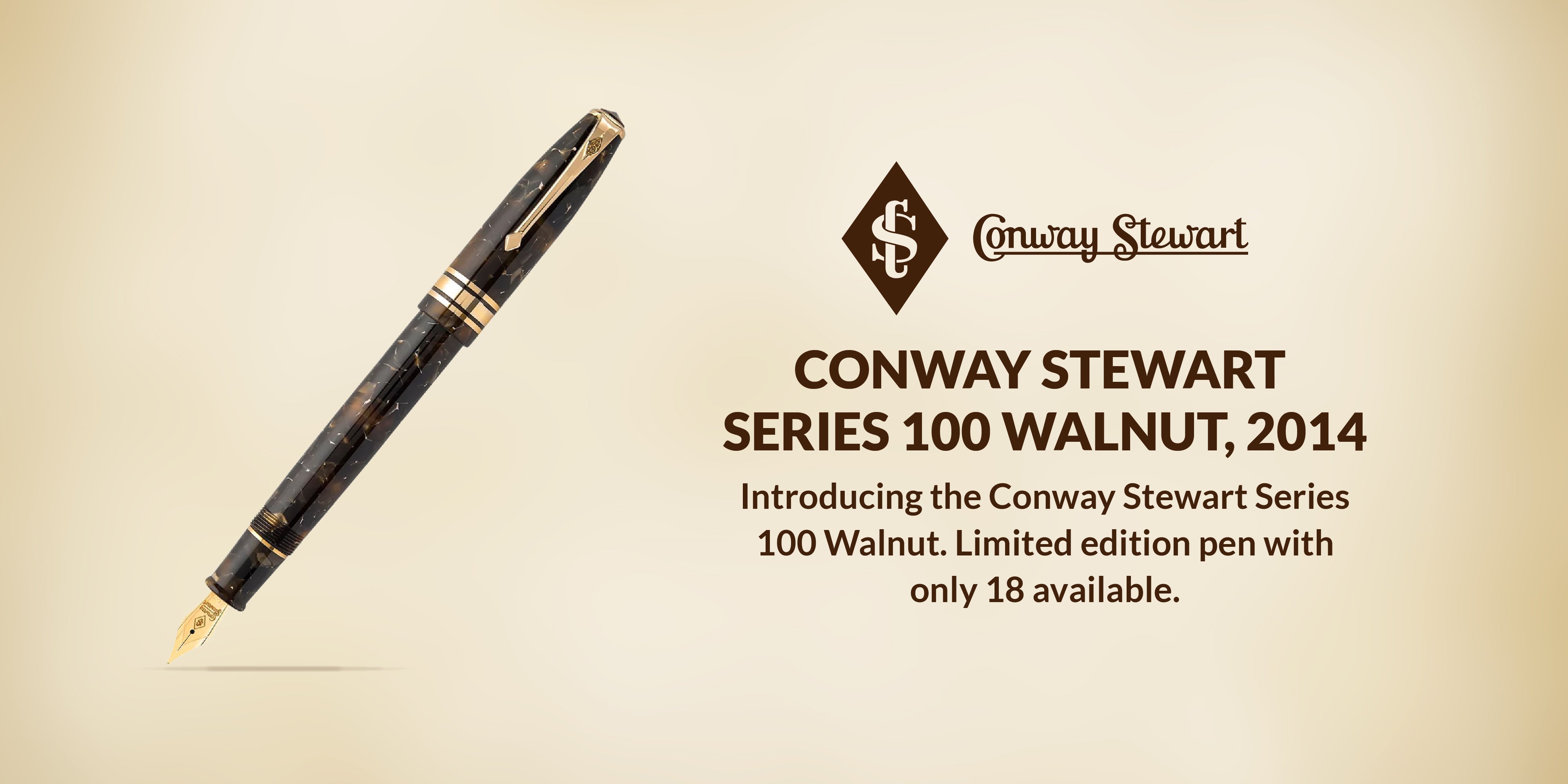 Banner for the Series 100 Walnut pen, a brown marbled fountain pen with gold trim on a cream background