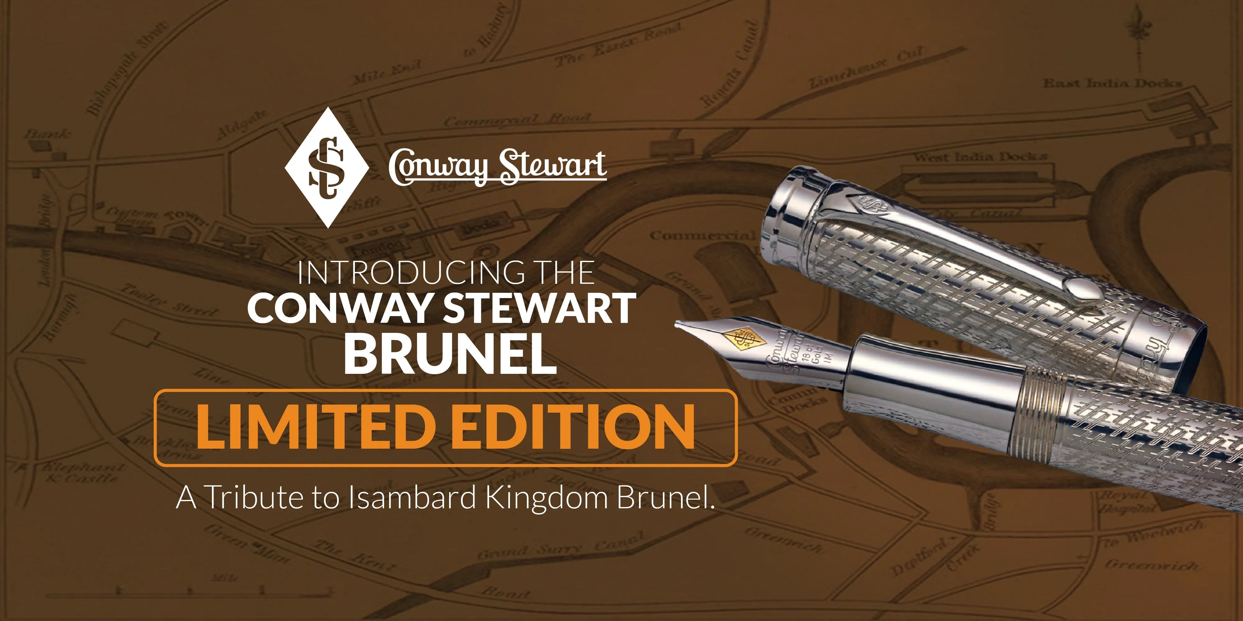 Banner for the Brunel limited edition, a silver textured fountain pen and rollerball over a historical map
