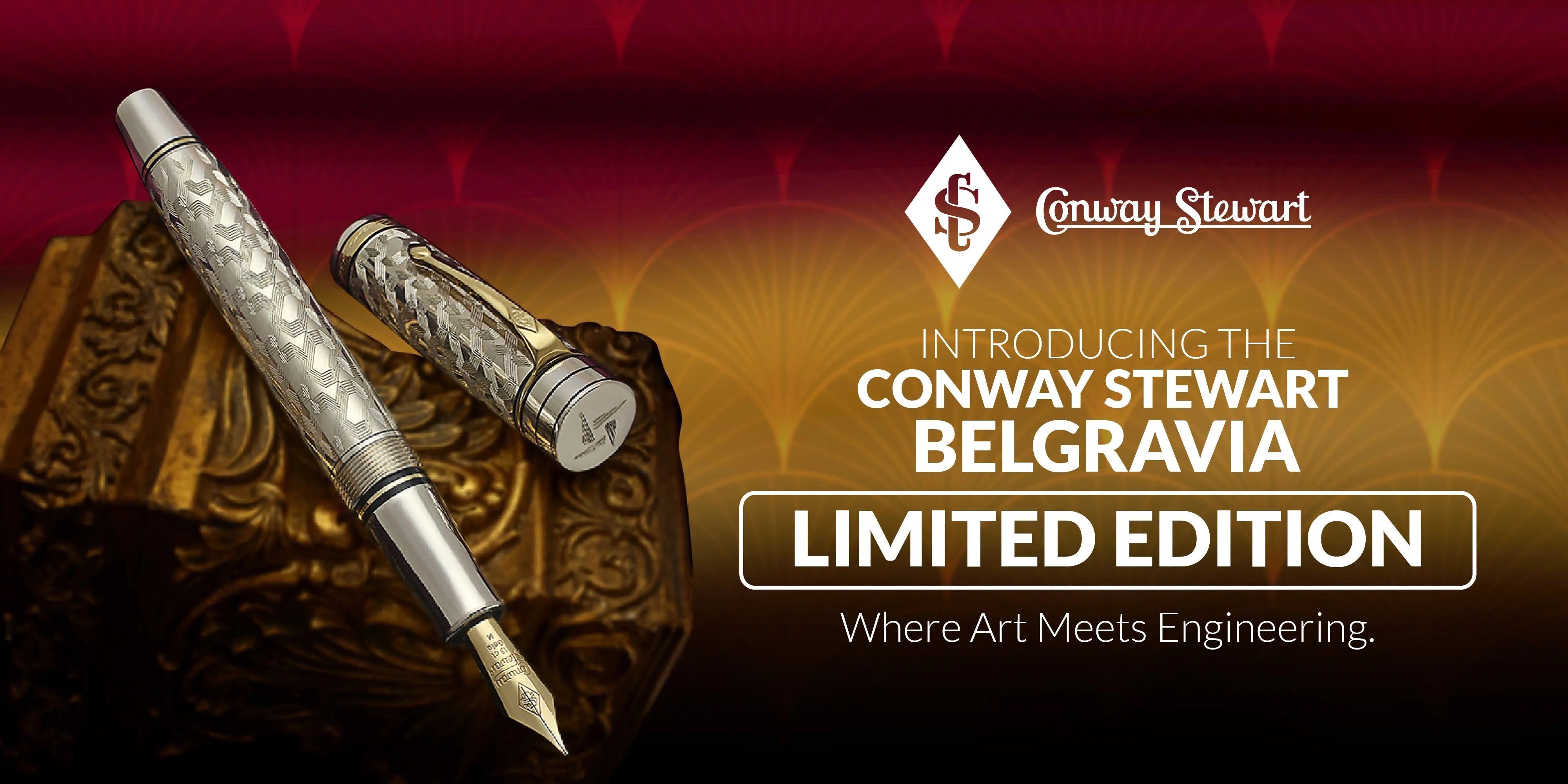 Banner for the Belgravia limited edition, a silver textured fountain pen and rollerball resting on an ornate box
