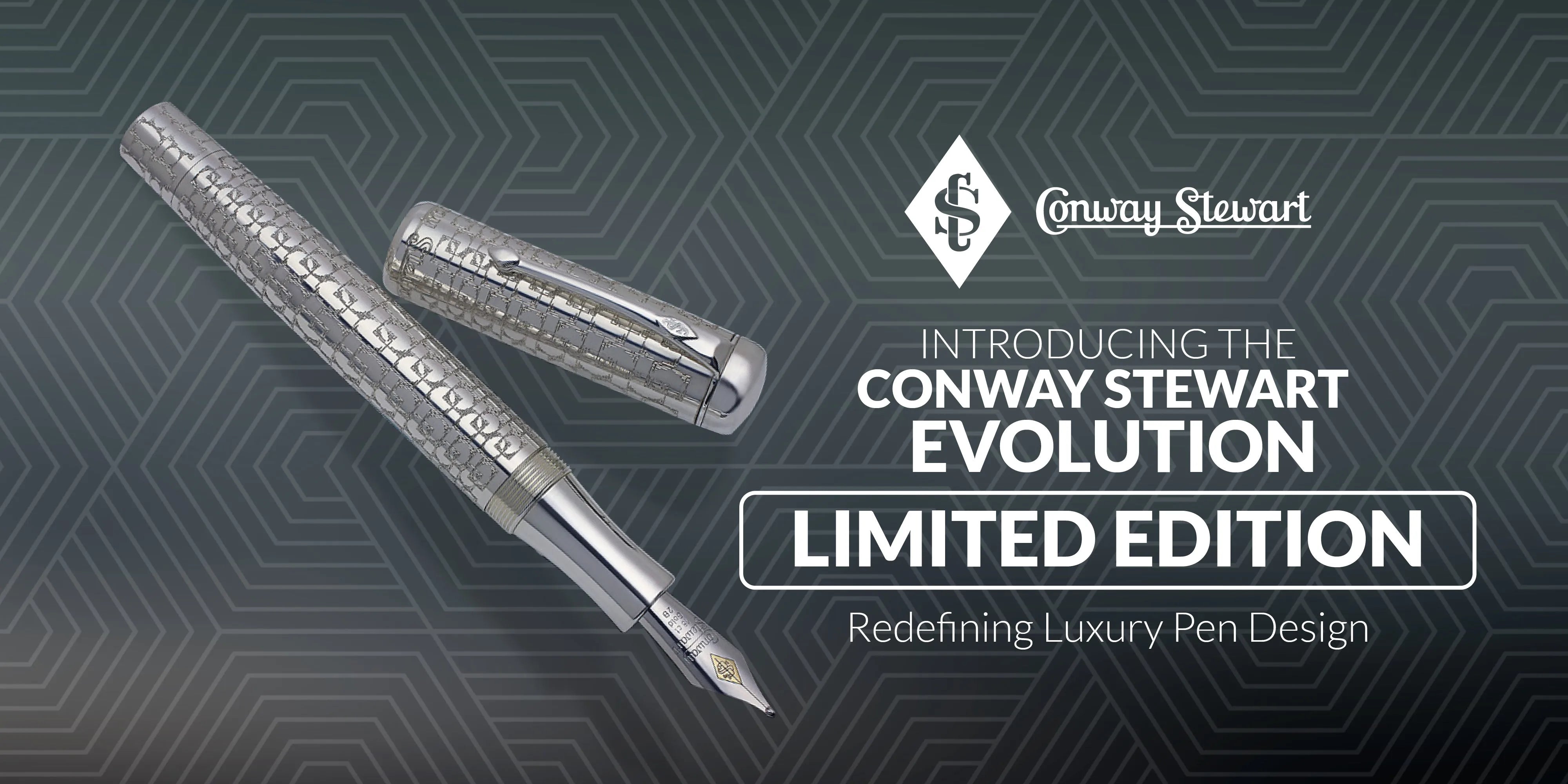 Banner for the Evolution limited edition, a silver textured fountain pen and cap against a geometric backdrop
