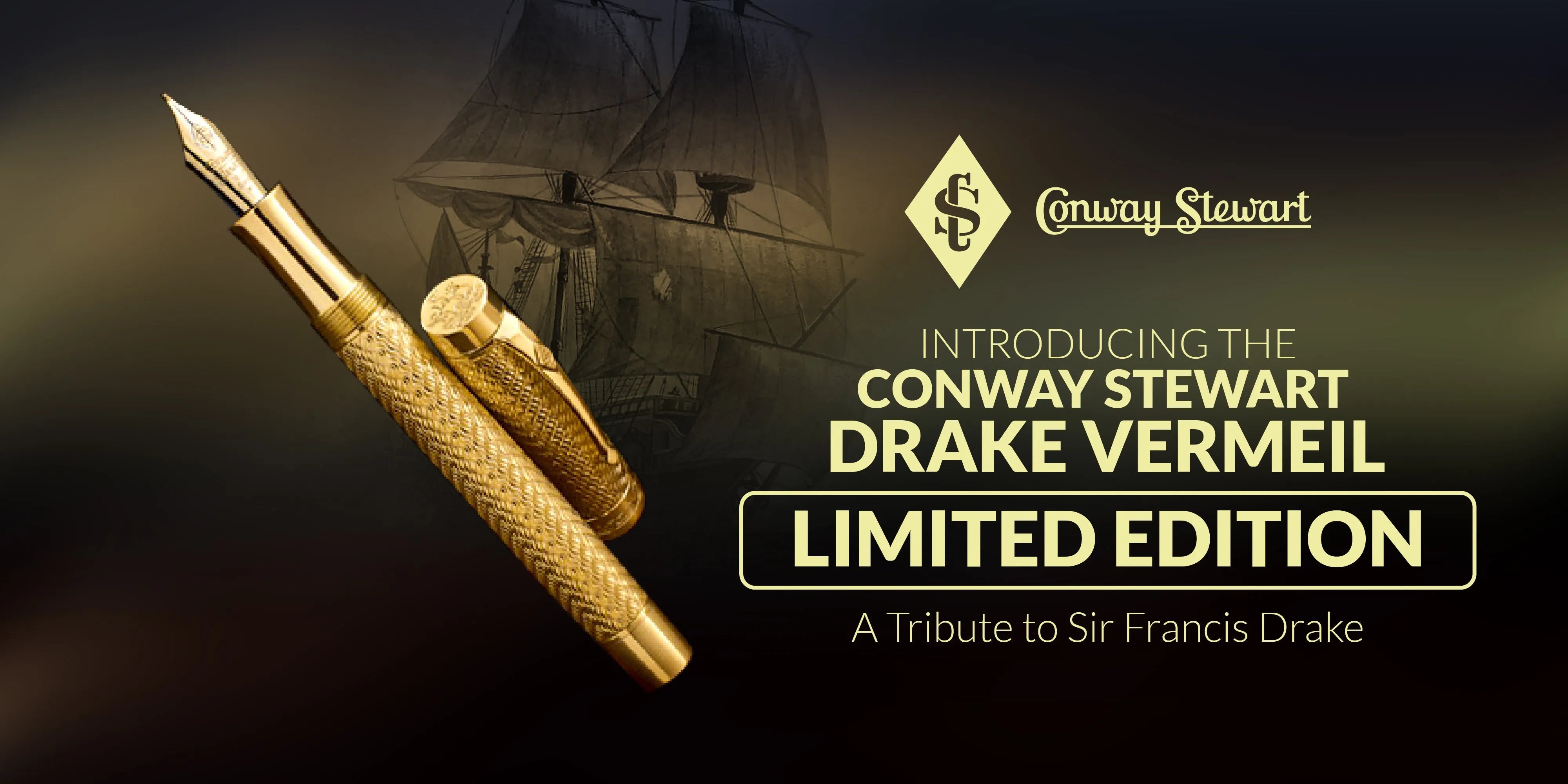 Banner for the Drake Vermeil limited edition, a gold textured fountain pen against a silhouetted sailing ship