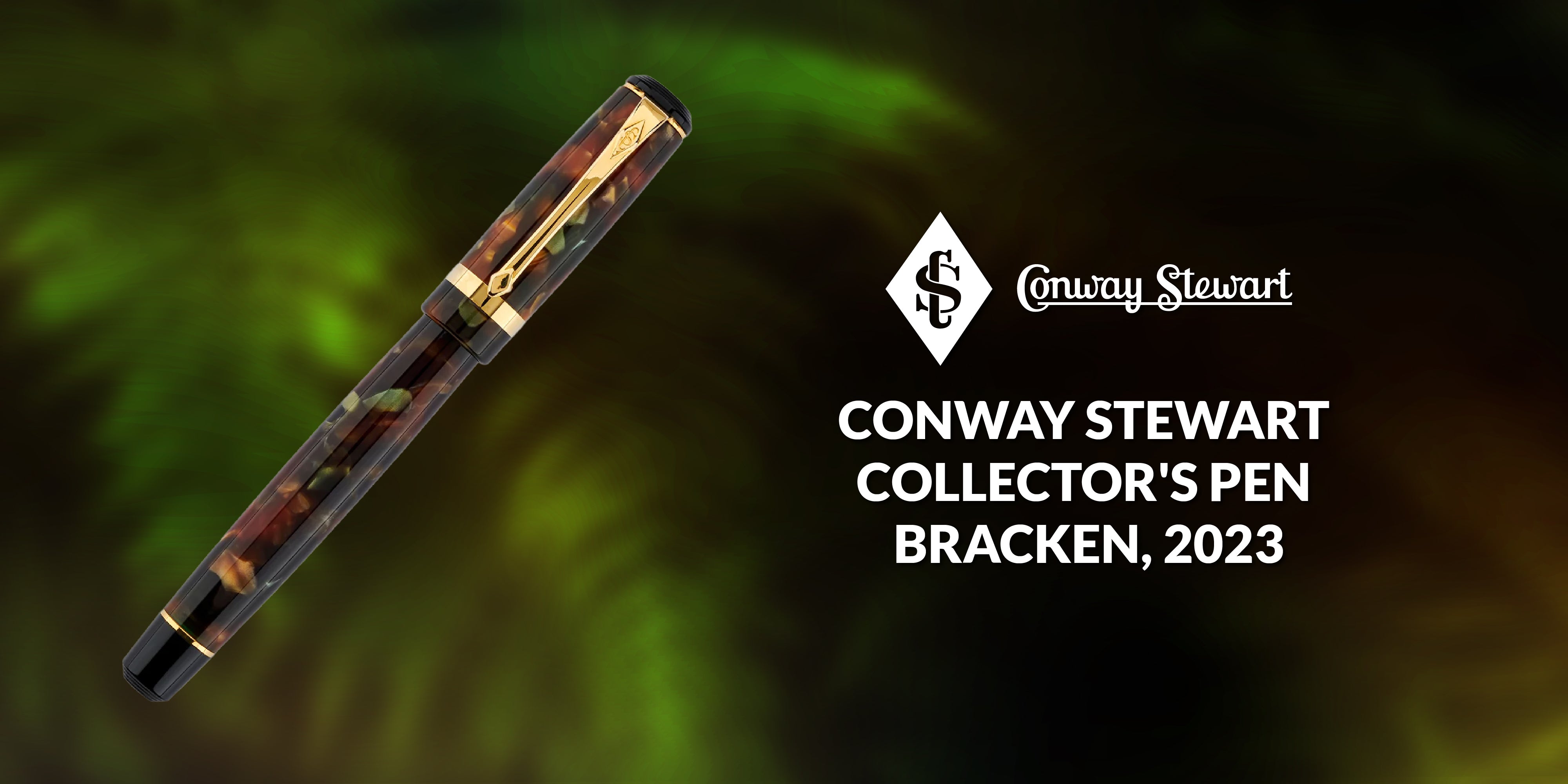 Banner for the Collector's Pen Bracken, a brown and green tortoiseshell-pattern fountain pen against foliage