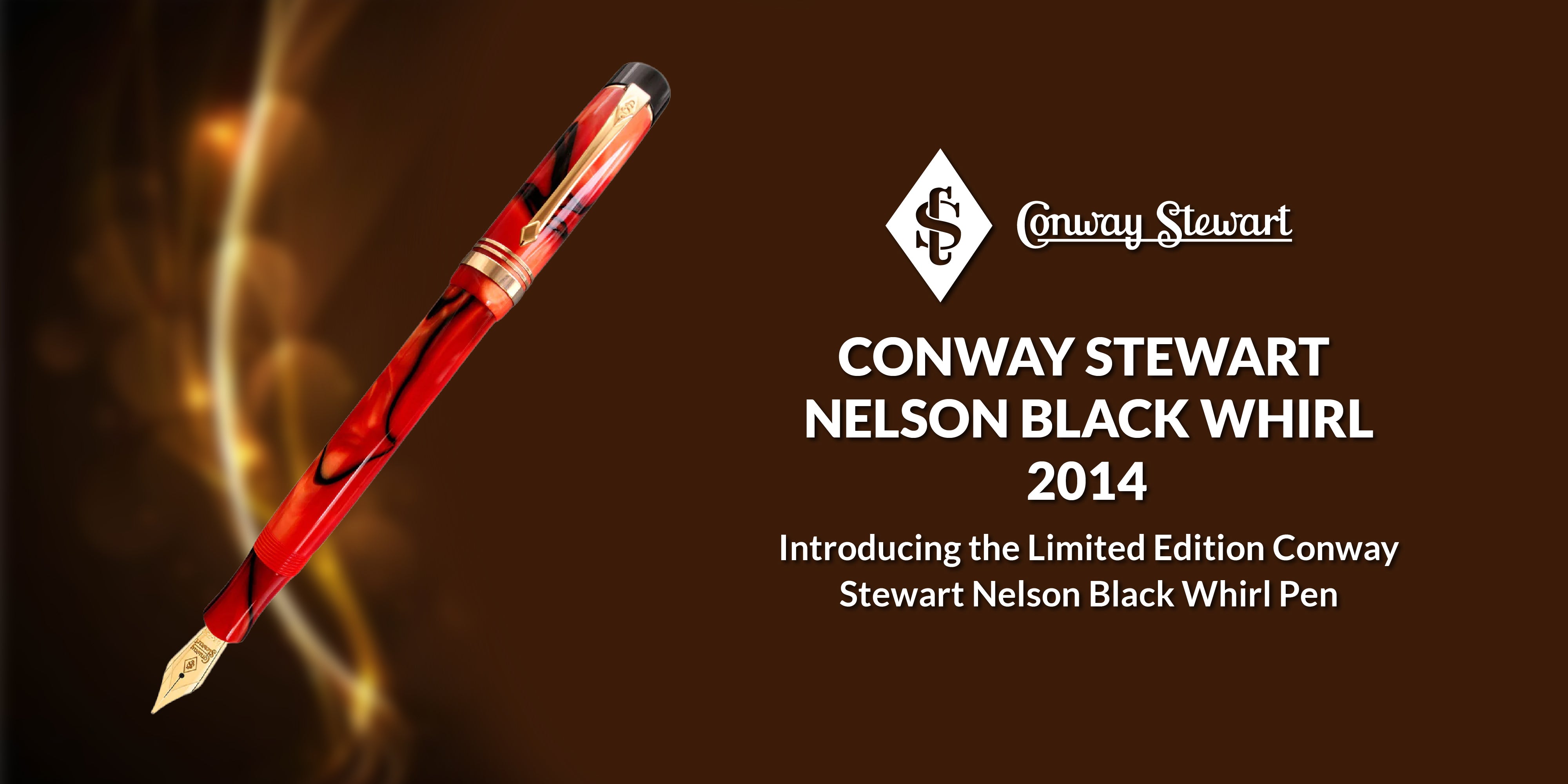 Banner for the Nelson Black Whirl pen, a red fountain pen with black swirl pattern against a warm glow
