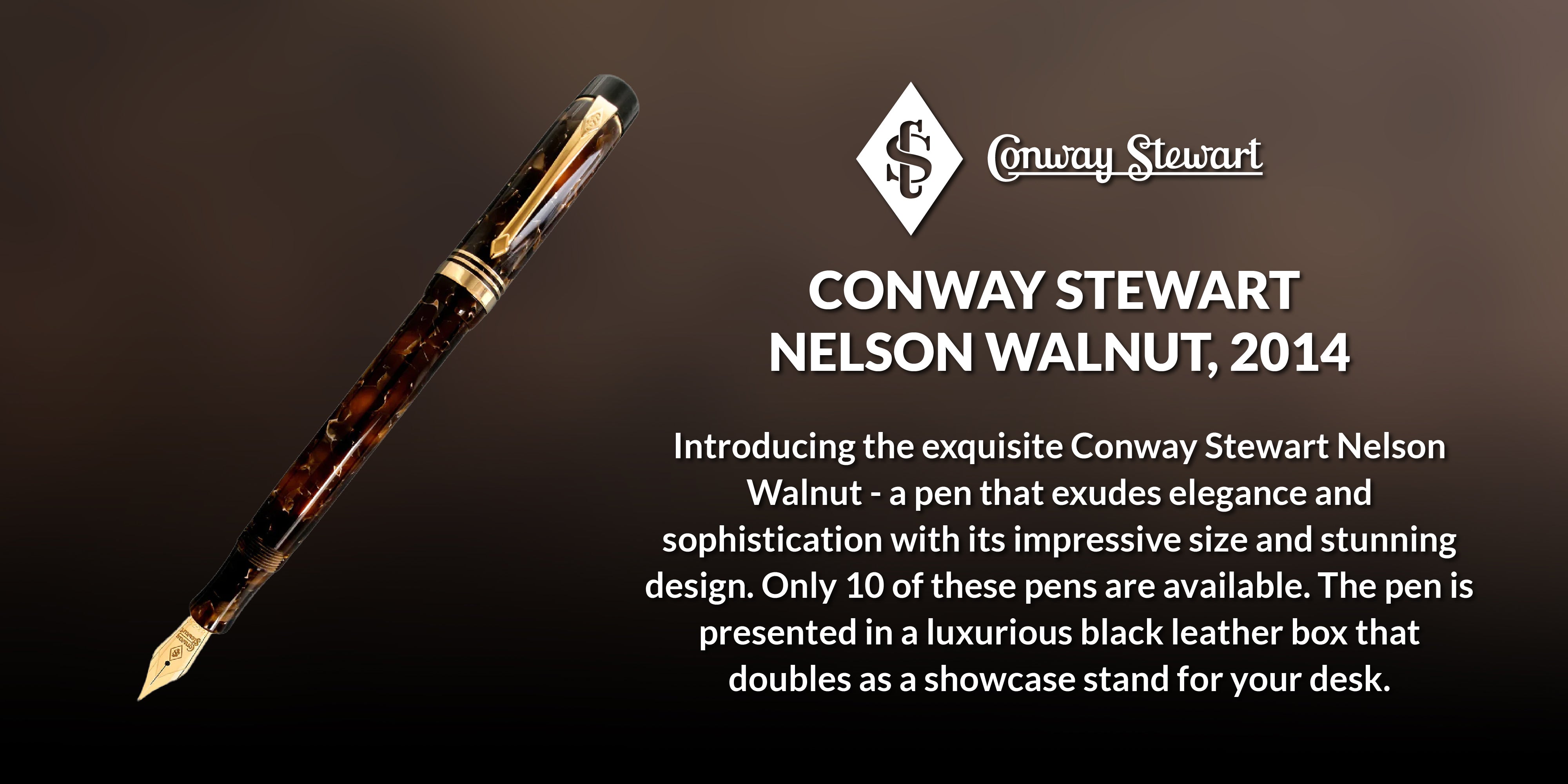 Banner for the Nelson Walnut pen, a brown marbled fountain pen with gold trim against a dark background