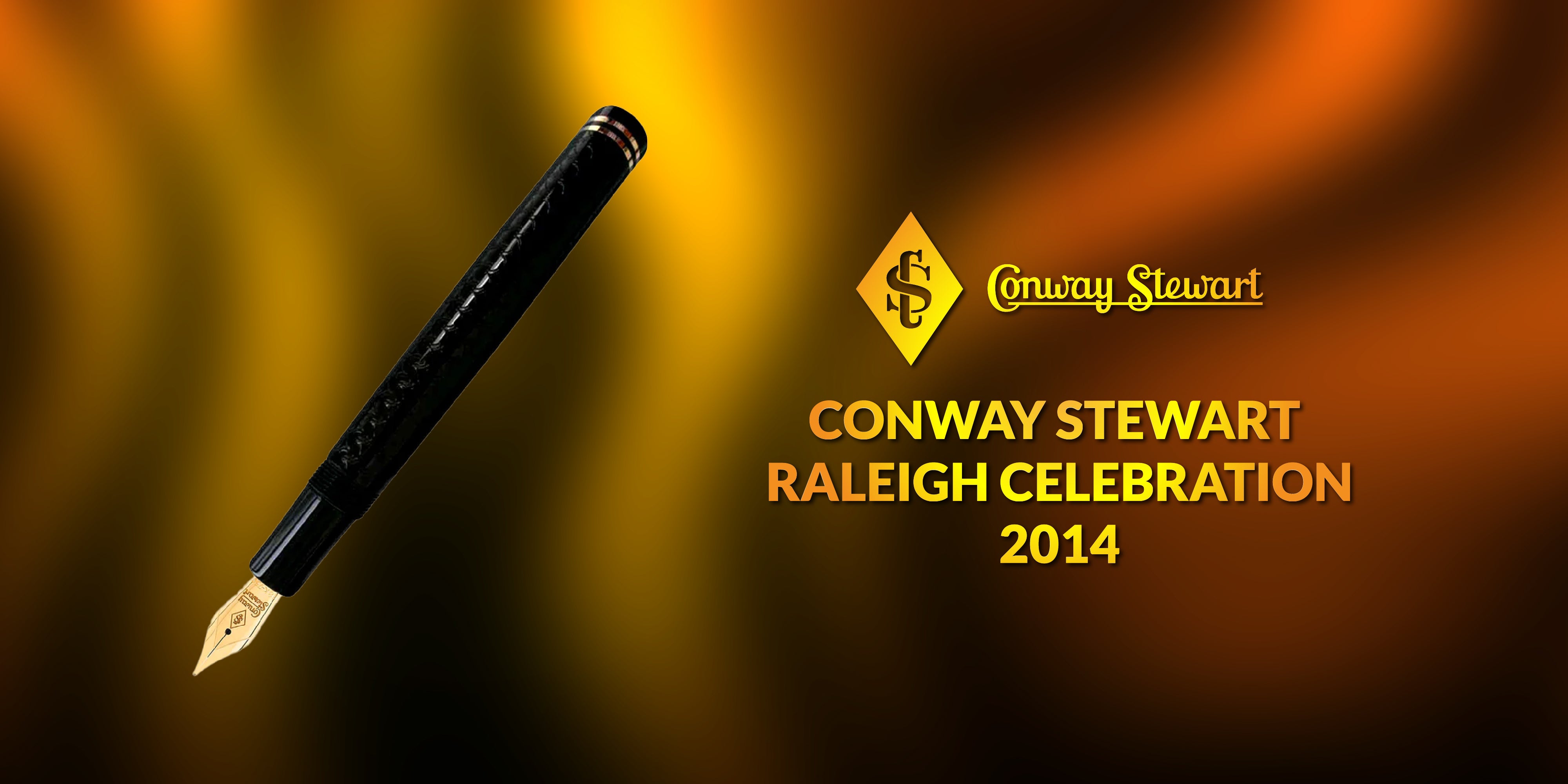 Banner for the Raleigh Celebration pen, a black textured fountain pen against an orange gradient