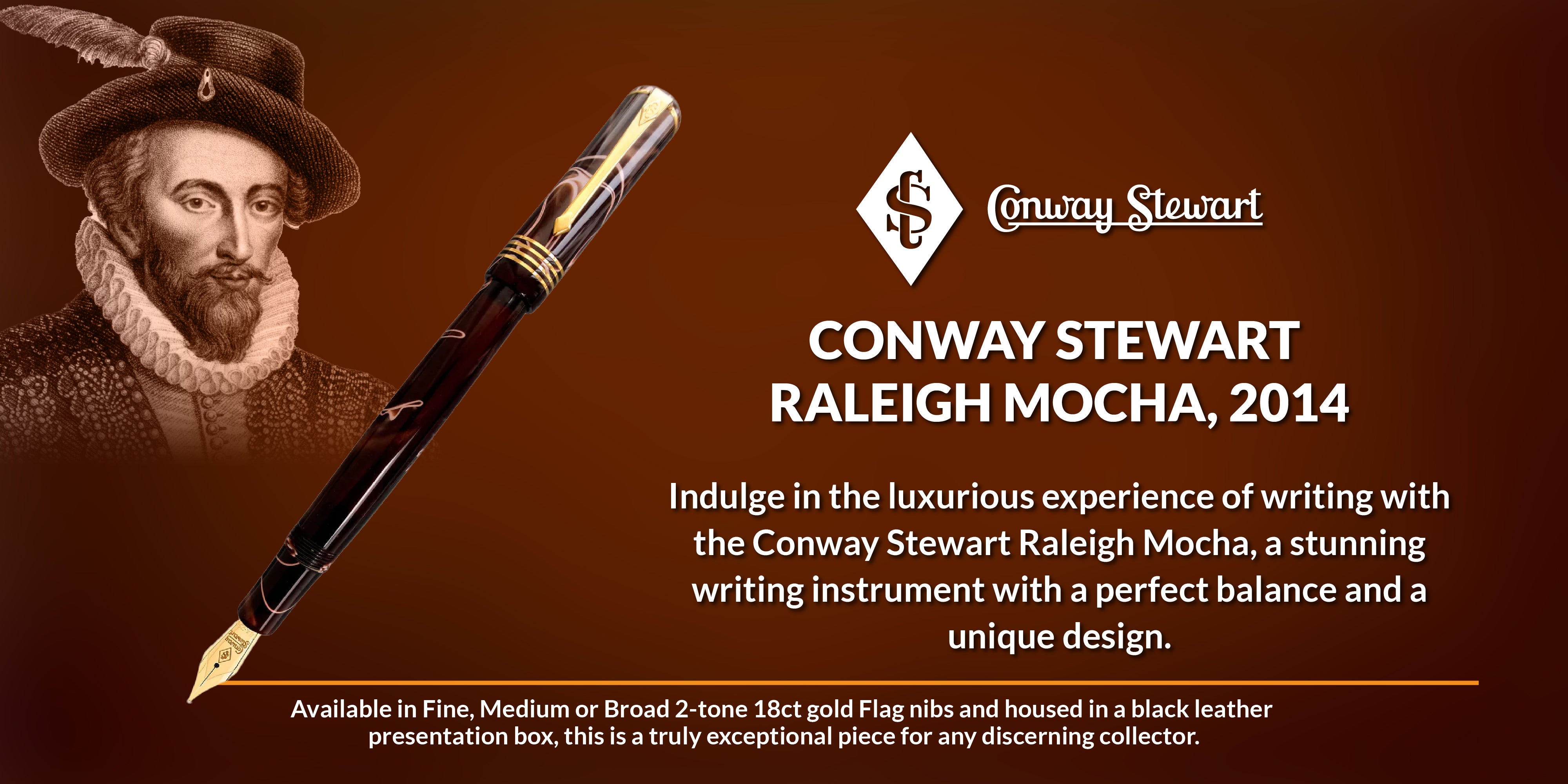 Banner for the Raleigh Mocha pen, a brown marbled fountain pen beside a portrait of Sir Walter Raleigh