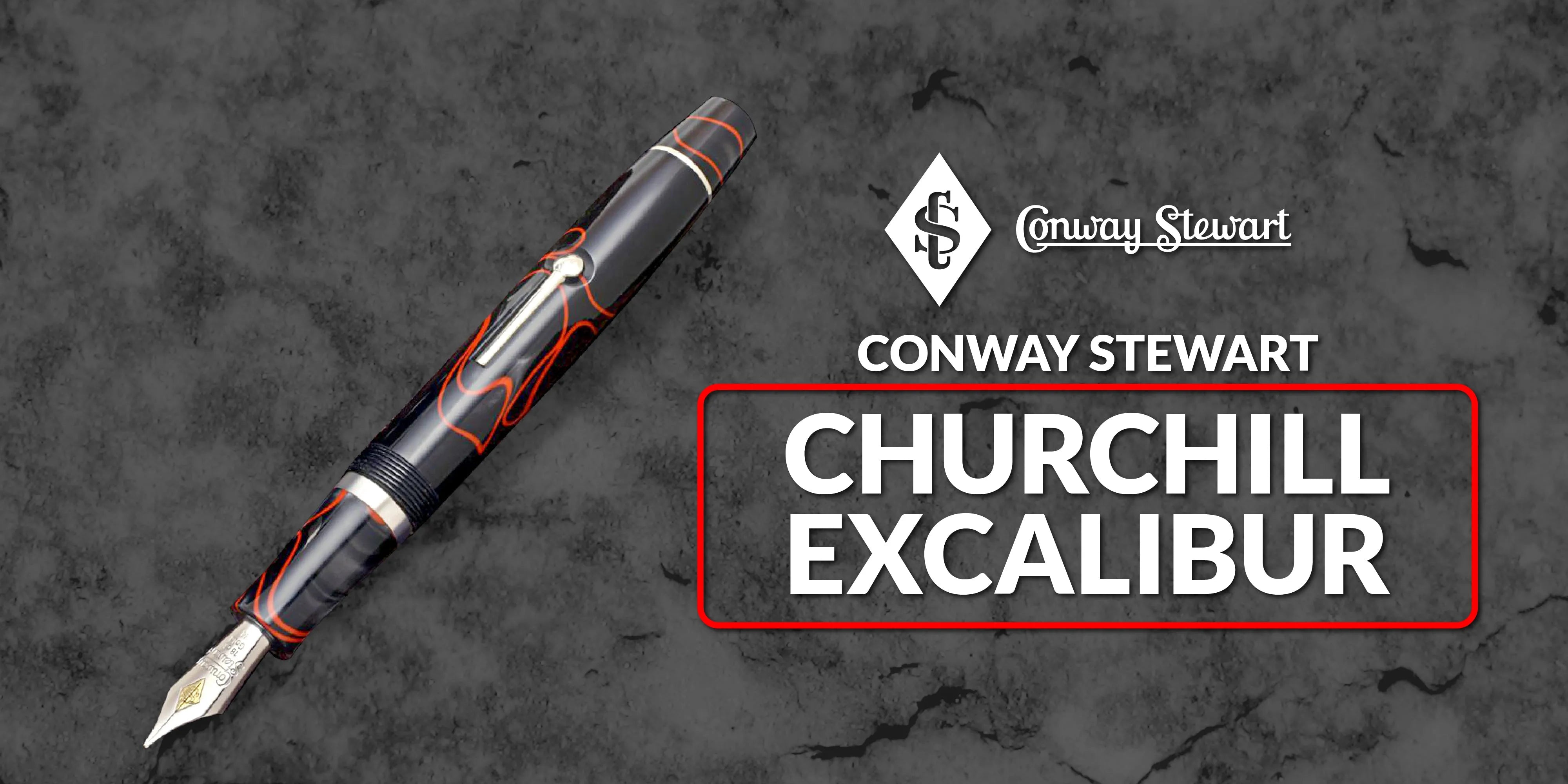 Banner for the Churchill Excalibur pen, a black fountain pen with red marbled accents on a grey marble backdrop