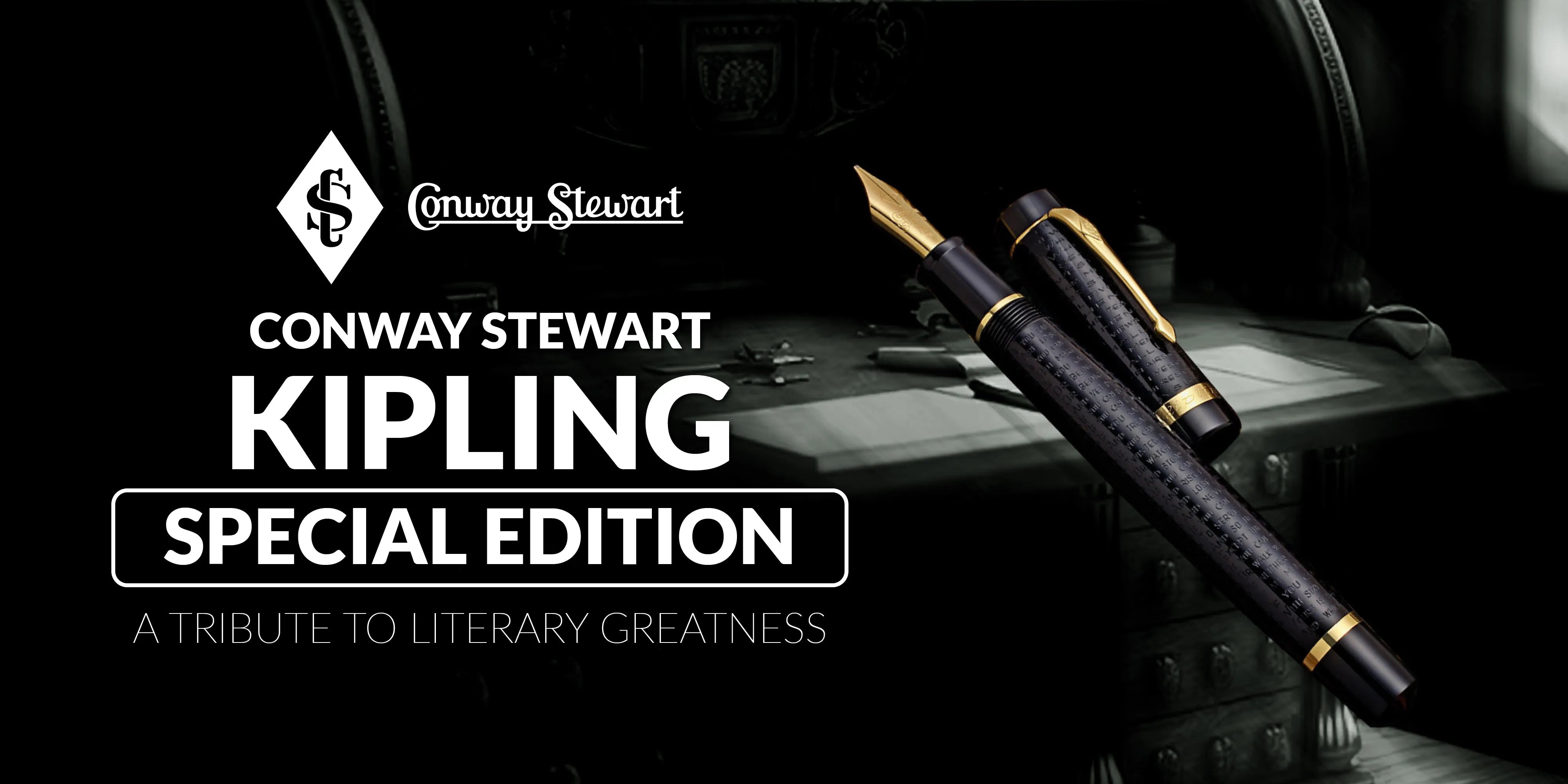Banner for the Kipling special edition, a black textured fountain pen and cap on a dark desk