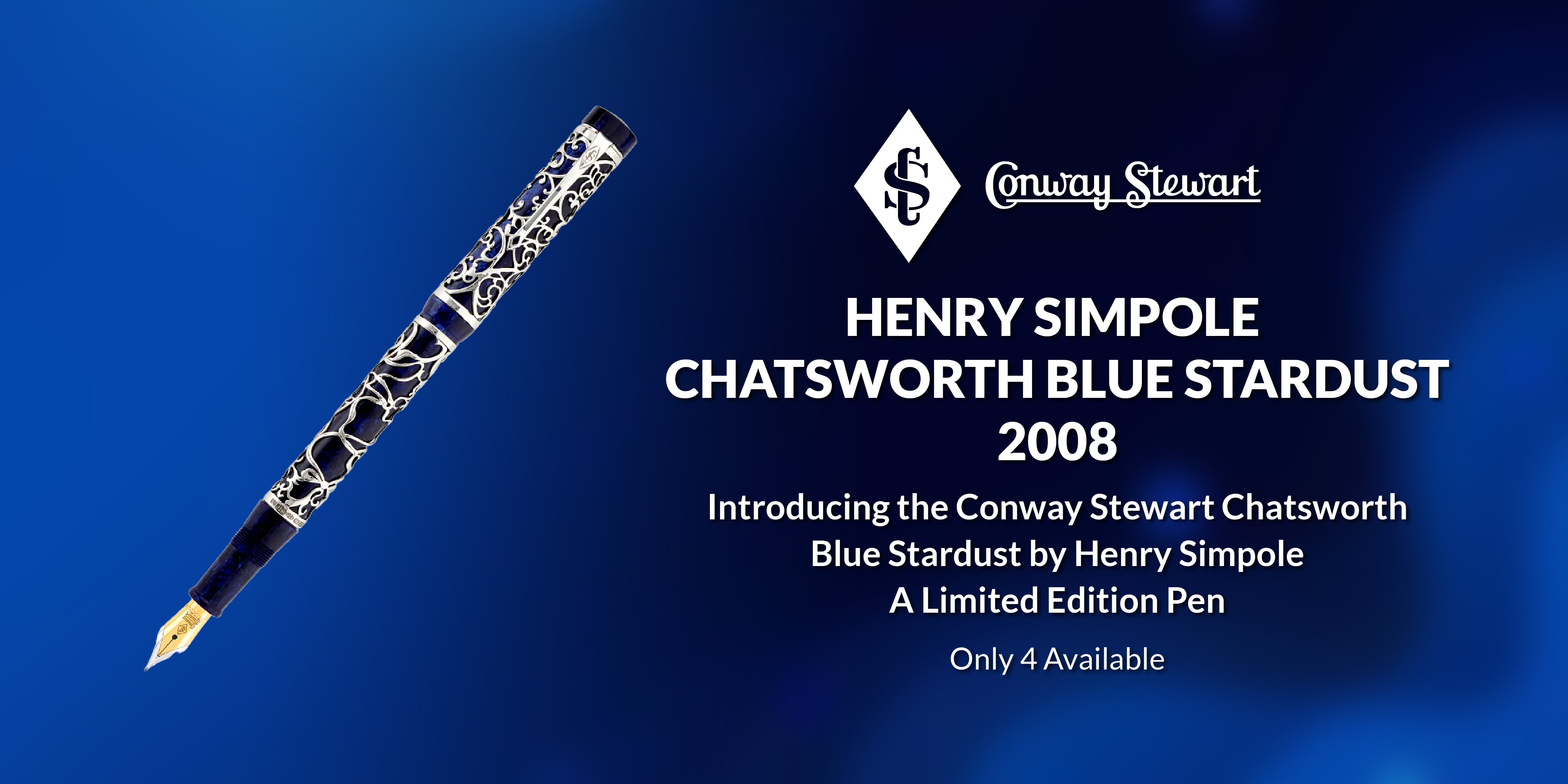 Banner for the Henry Simpole Chatsworth Blue Stardust pen, a white pen with black filigree pattern and blue cap