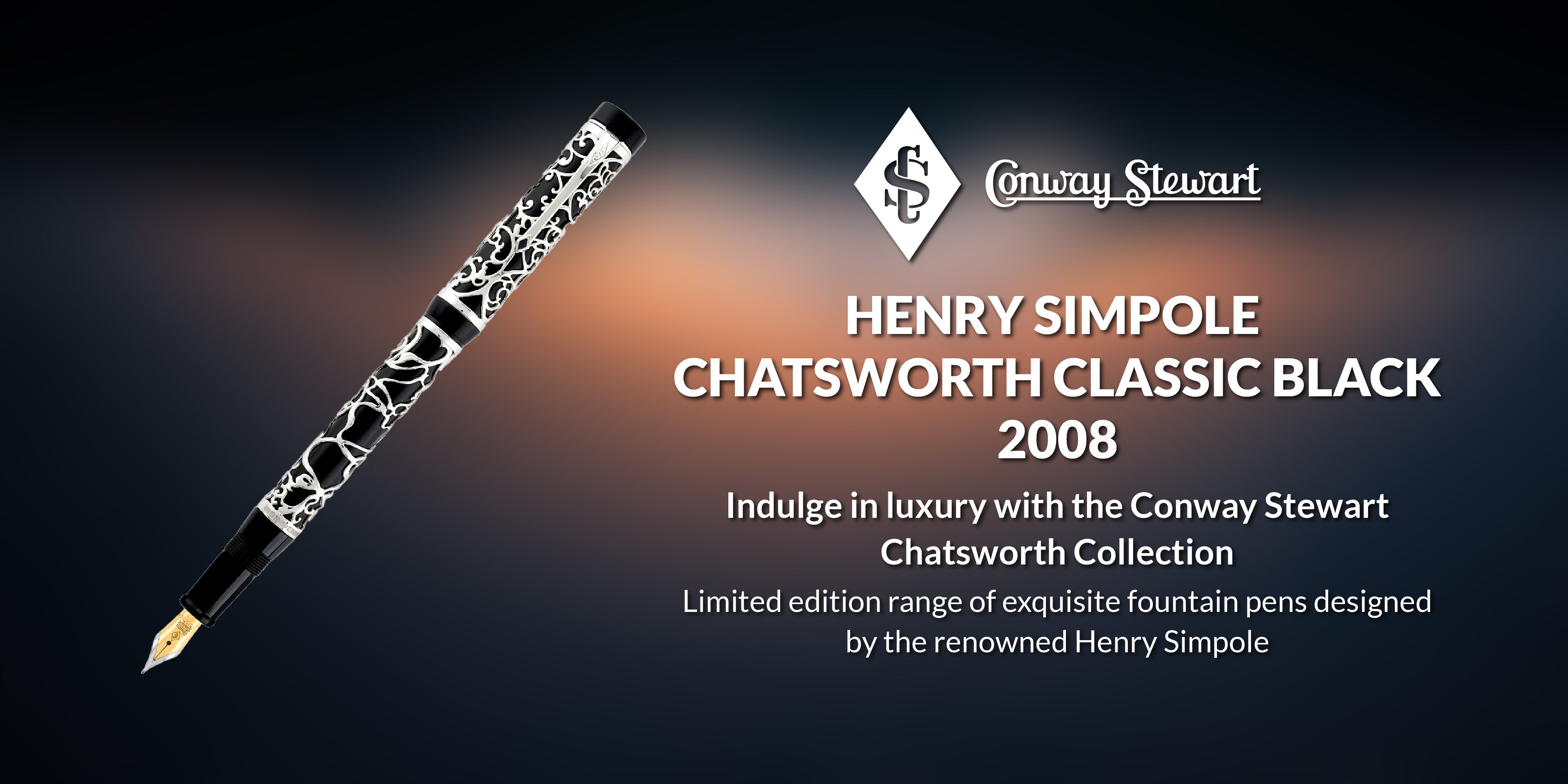 Banner for the Henry Simpole Chatsworth Classic Black pen, a white pen with black filigree pattern