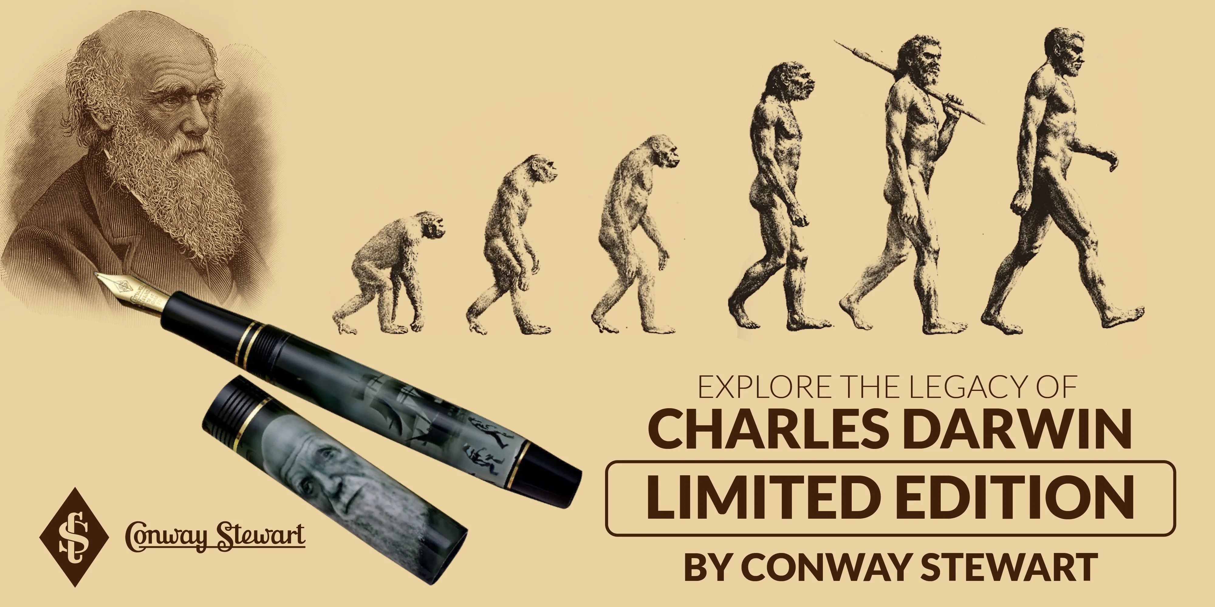 Banner for the Charles Darwin limited edition, a black pen with Darwin's portrait beside an evolution illustration