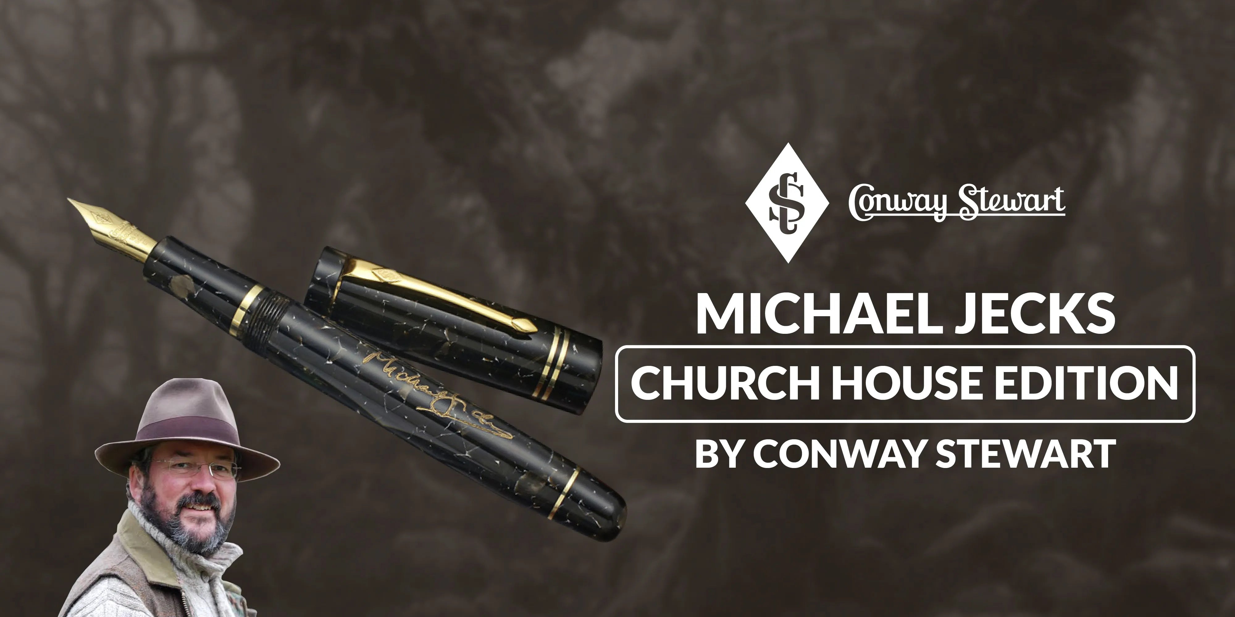 Banner for the Michael Jecks Church House edition, a black marbled fountain pen beside a portrait of the author